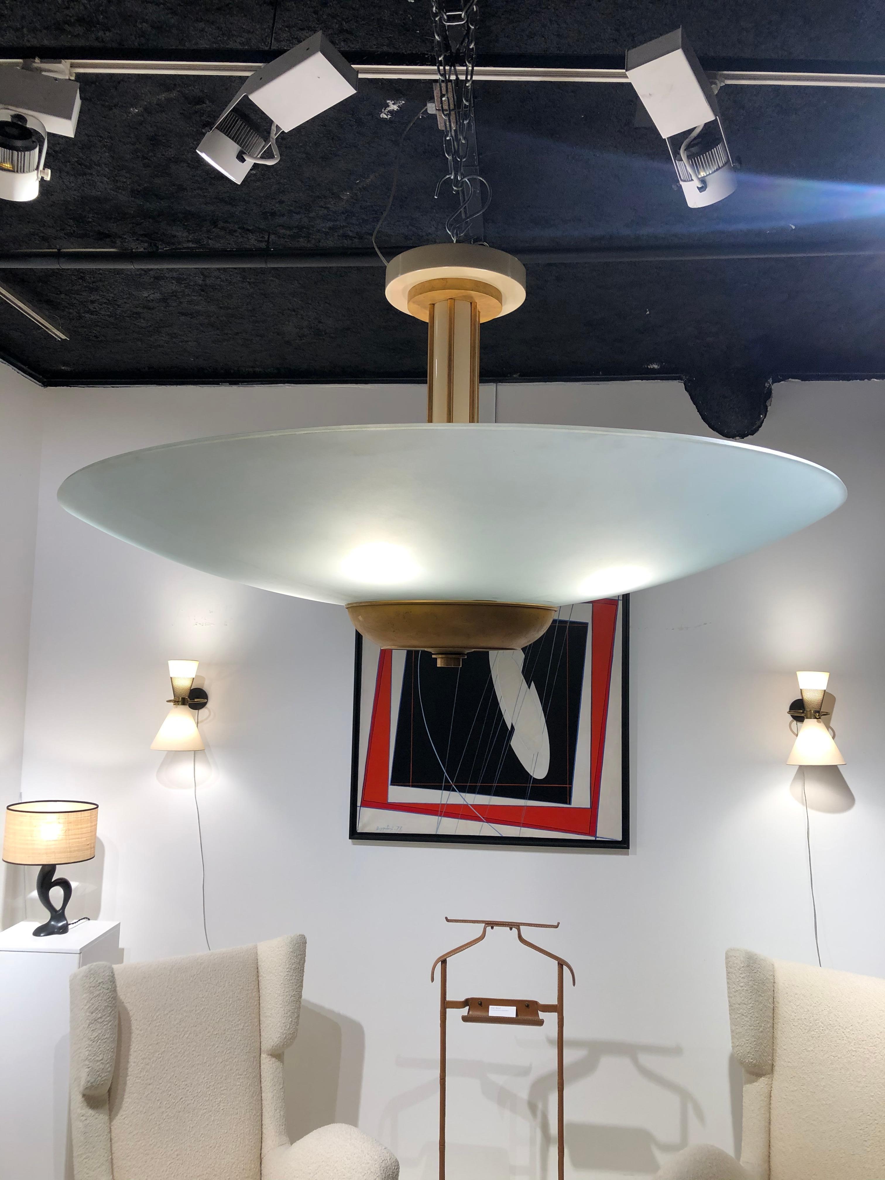 Mid-Century Modern Modernist Chandelier in Glass and Gilded Bronze Signed Petitot, 1930