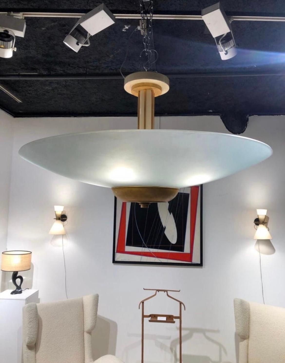 Mid-Century Modern Modernist Chandelier in Glass and Gilded Bronze Signed Petitot, 1930 For Sale