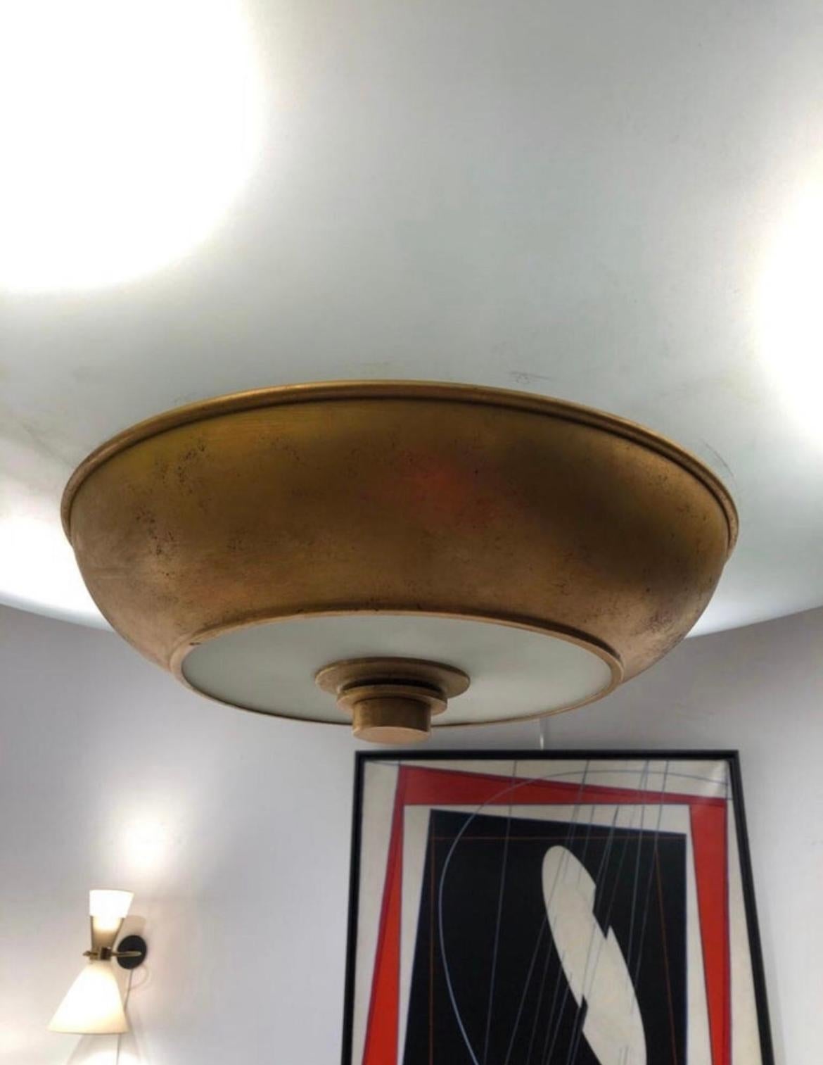 Glazed Modernist Chandelier in Glass and Gilded Bronze Signed Petitot, 1930 For Sale