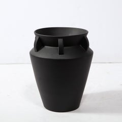 Modernist Charcoal Urn Form Ceramic Vase with Demilune Embellishments