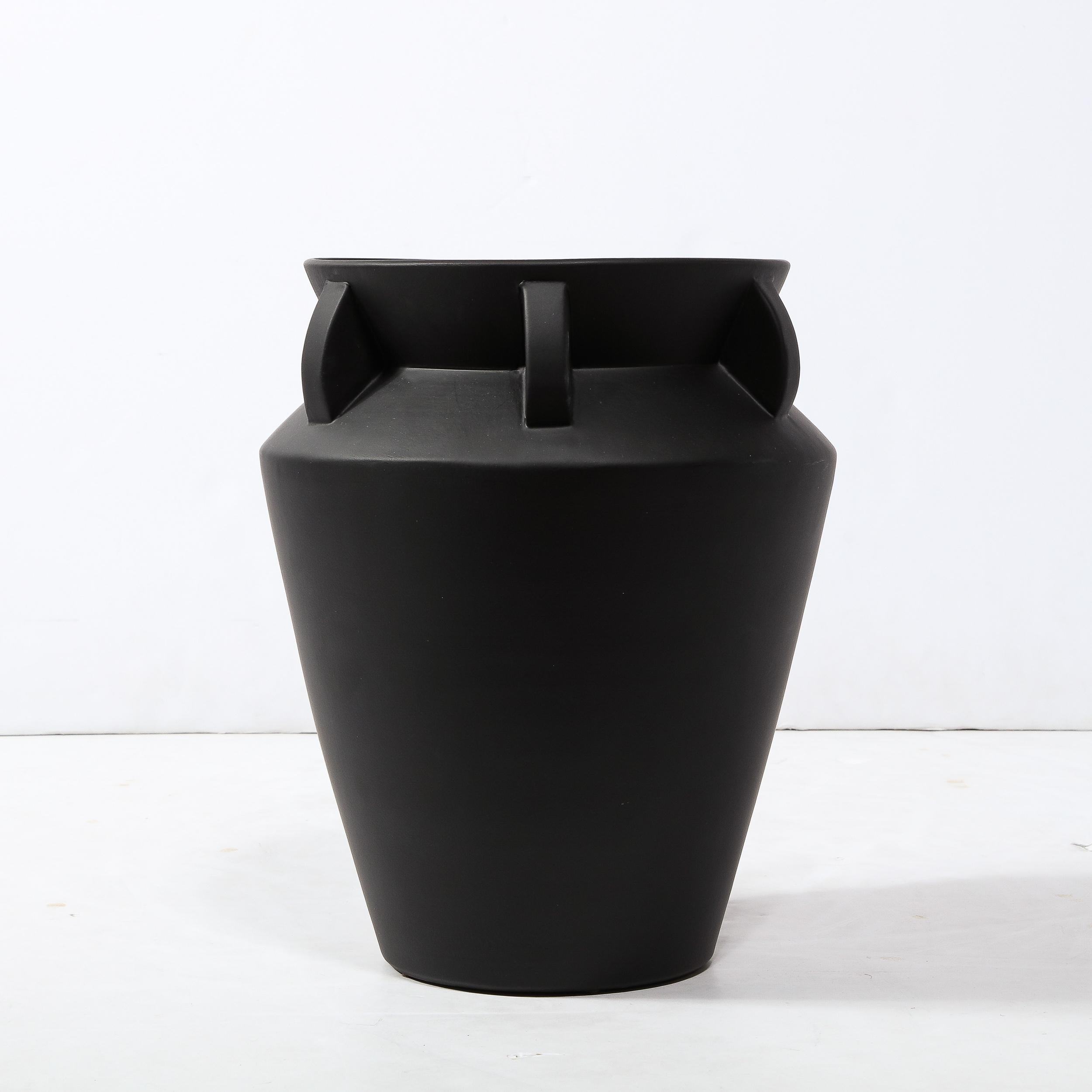 American Modernist Charcoal Urn Form Ceramic Vase with Demilune Embellishments For Sale