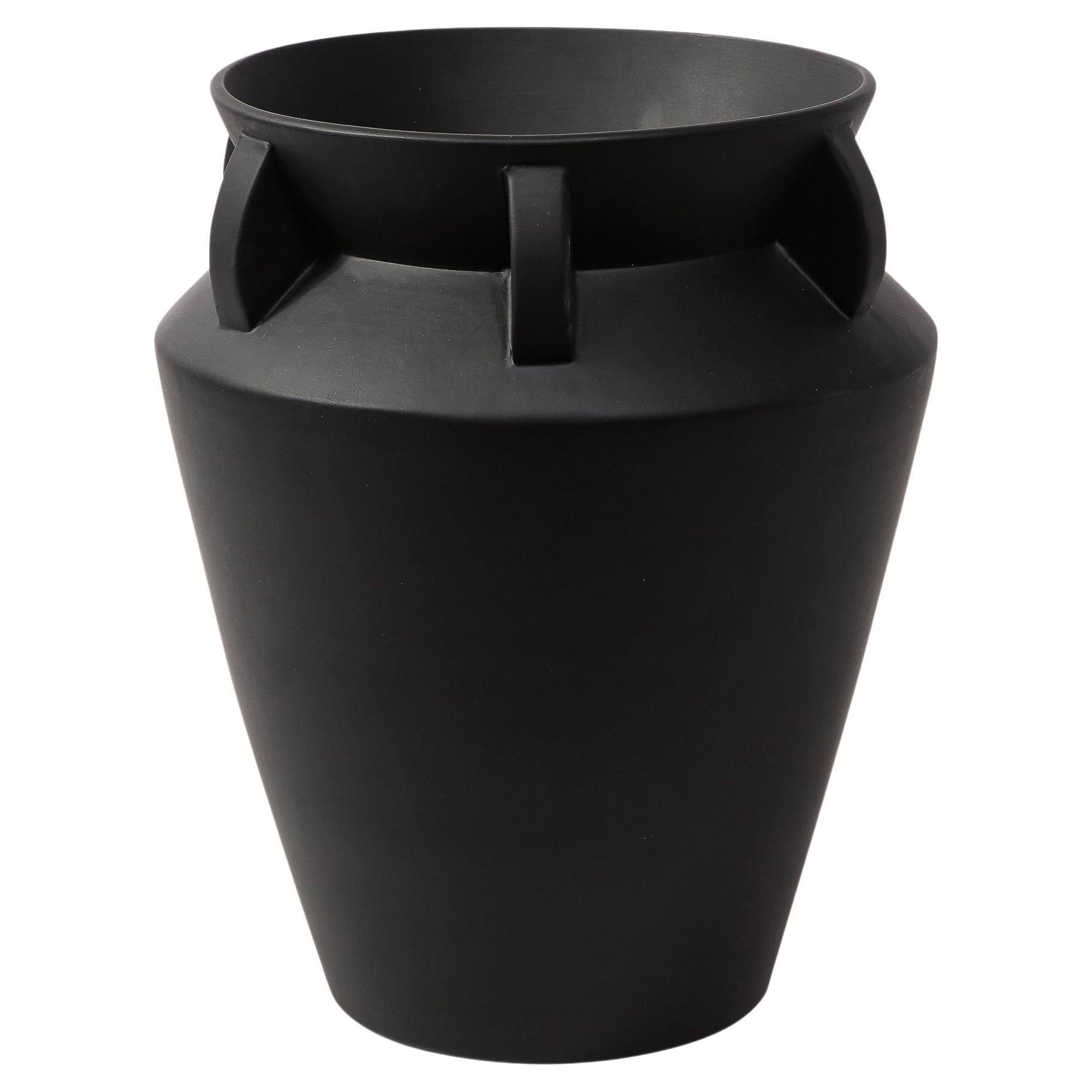 Modernist Charcoal Urn Form Ceramic Vase with Demilune Embellishments For Sale