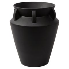 Modernist Charcoal Urn Form Ceramic Vase with Demilune Embellishments