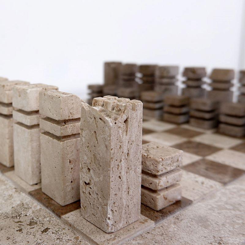 Modernist Chess Game in Two Colored Travertine, Italy 1970s For Sale 2