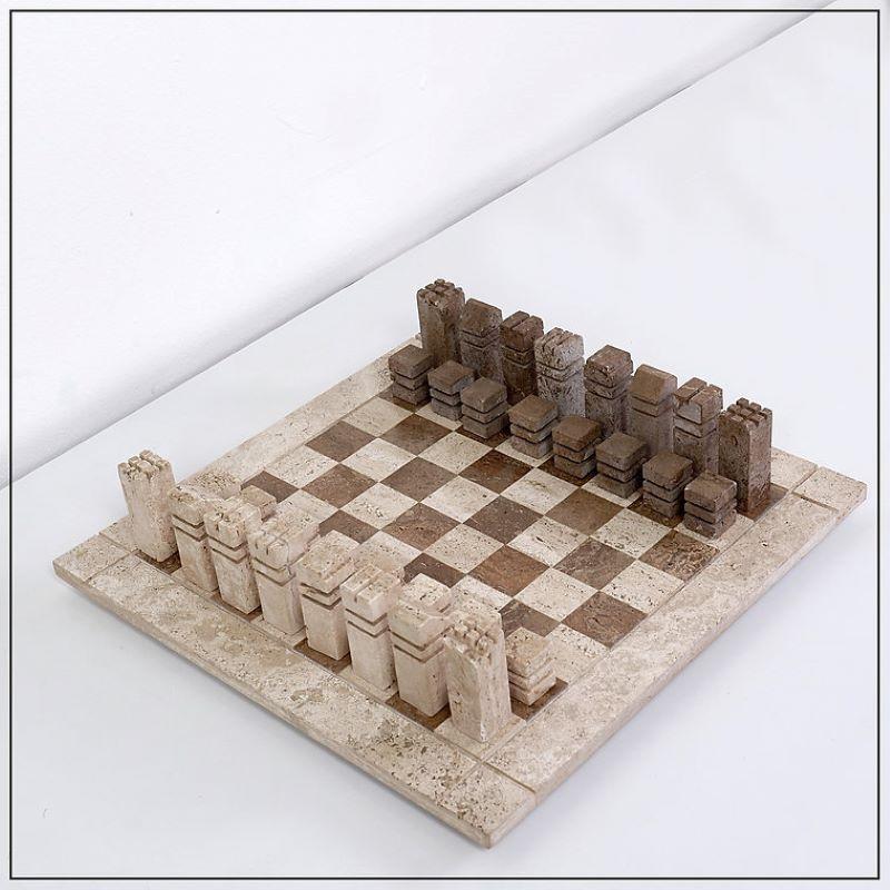 Modernist Chess Game in Two Colored Travertine, Italy 1970s For Sale 5