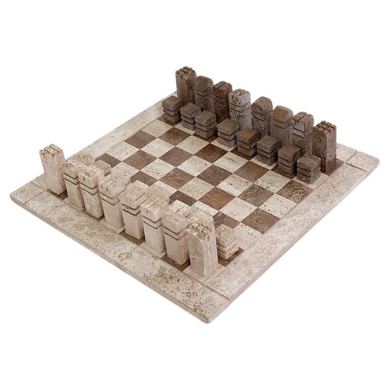 Modernist Chess Game in Two Colored Travertine, Italy 1970s