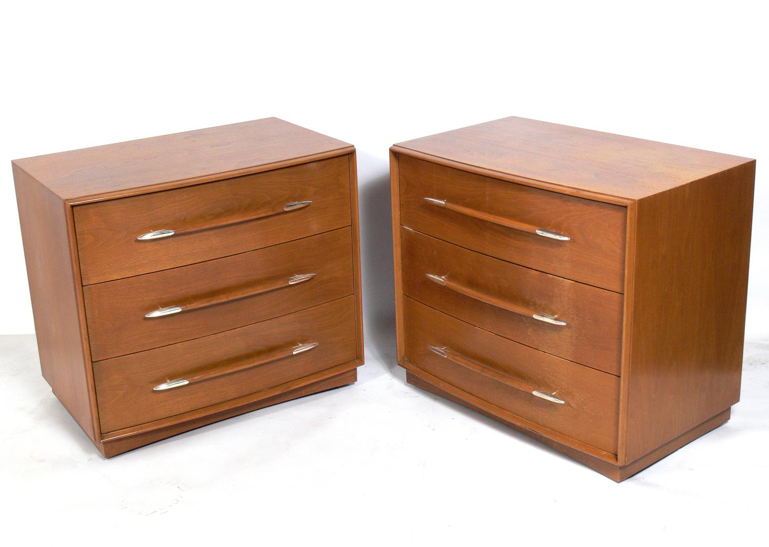 Modernist chests or dressers, designed by T.H. Robsjohn Gibbings for Widdicomb, American, circa 1950s. They are priced at $2400 each or $4500 for the pair. They retain their original finish with warm original patina. If you would prefer them