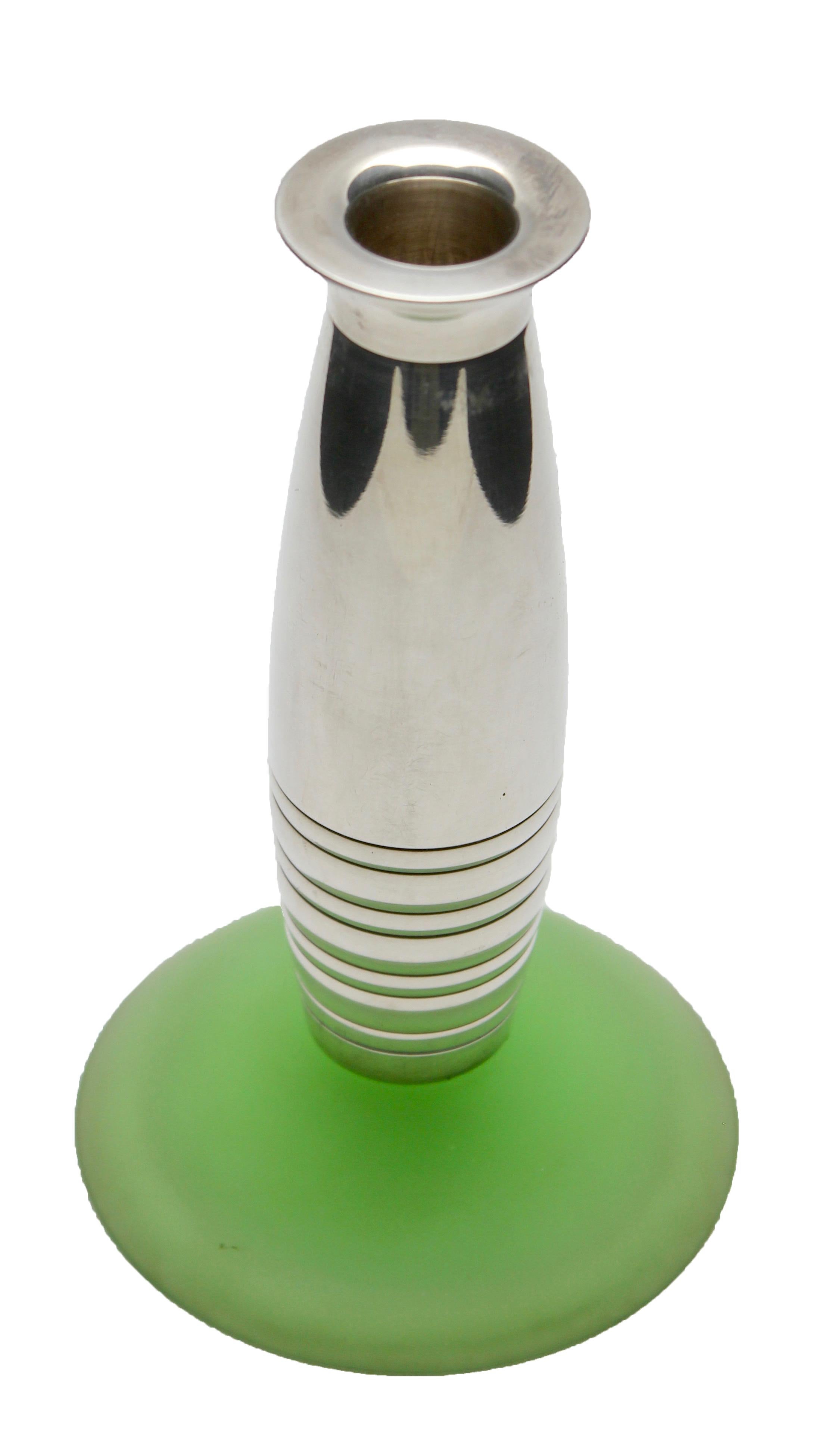 Mid-Century Modern Modernist Christofle Silver Plate Candlestick with Frosted Green Glass Base