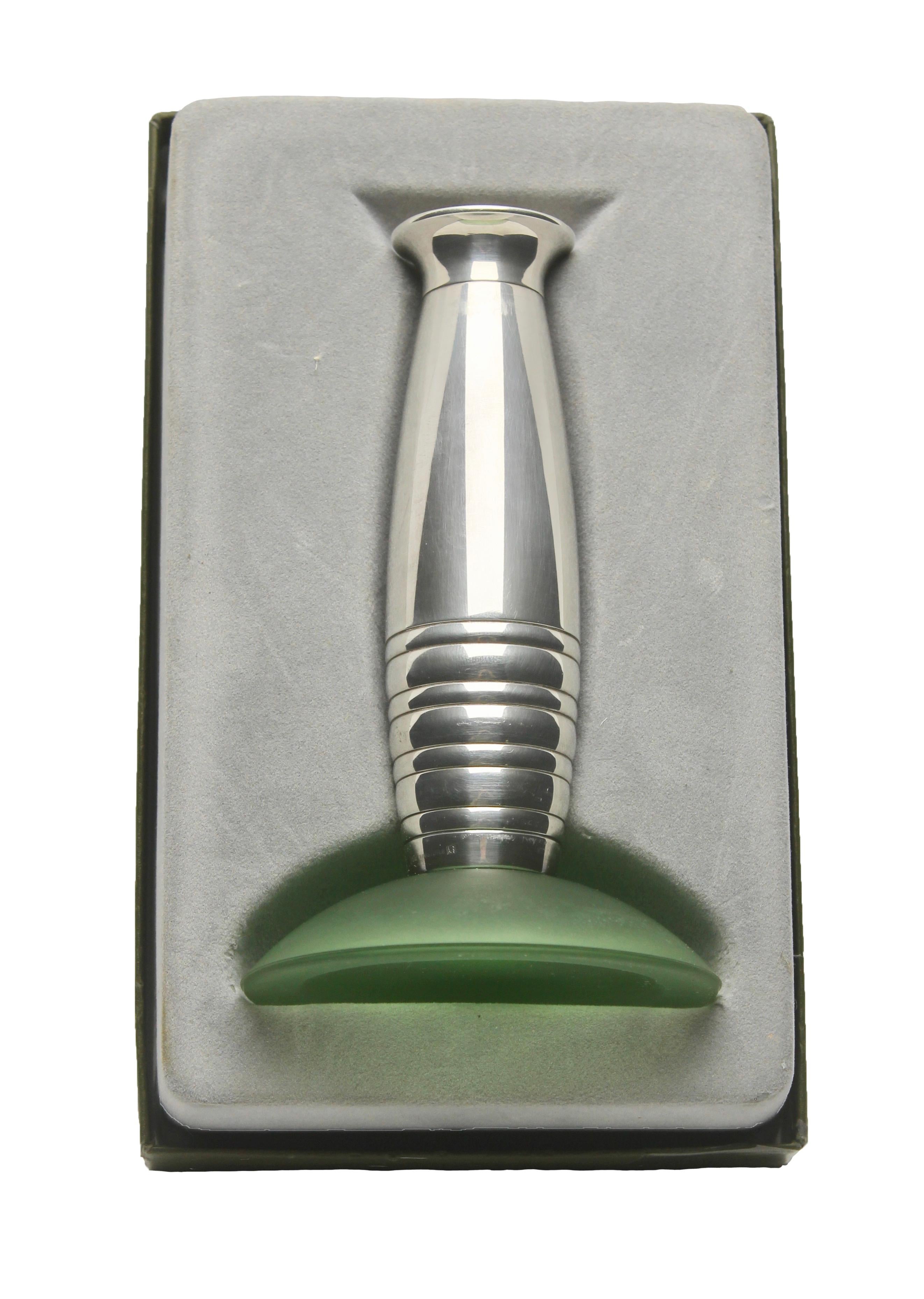 French Modernist Christofle Silver Plate Candlestick with Frosted Green Glass Base