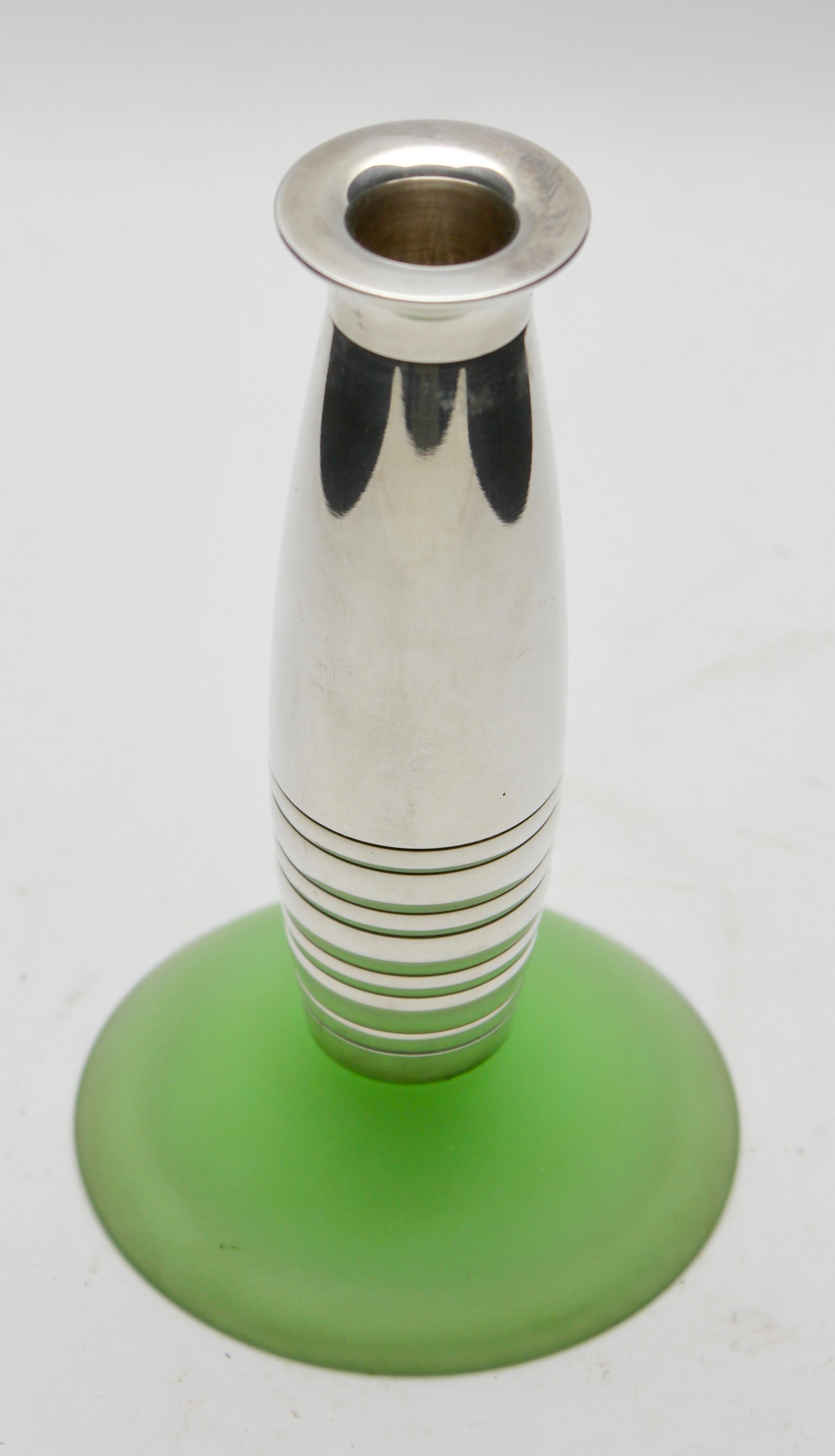 Mid-20th Century Modernist Christofle Silver Plate Candlestick with Frosted Green Glass Base