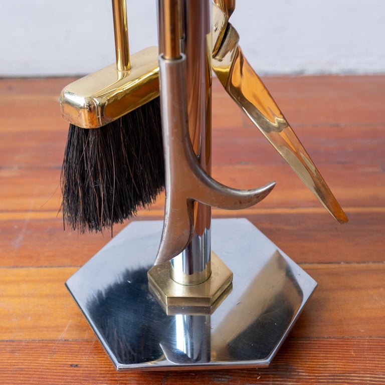 Modernist Chrome and Brass Fire Tools by Maison Charles 1970s For Sale 4