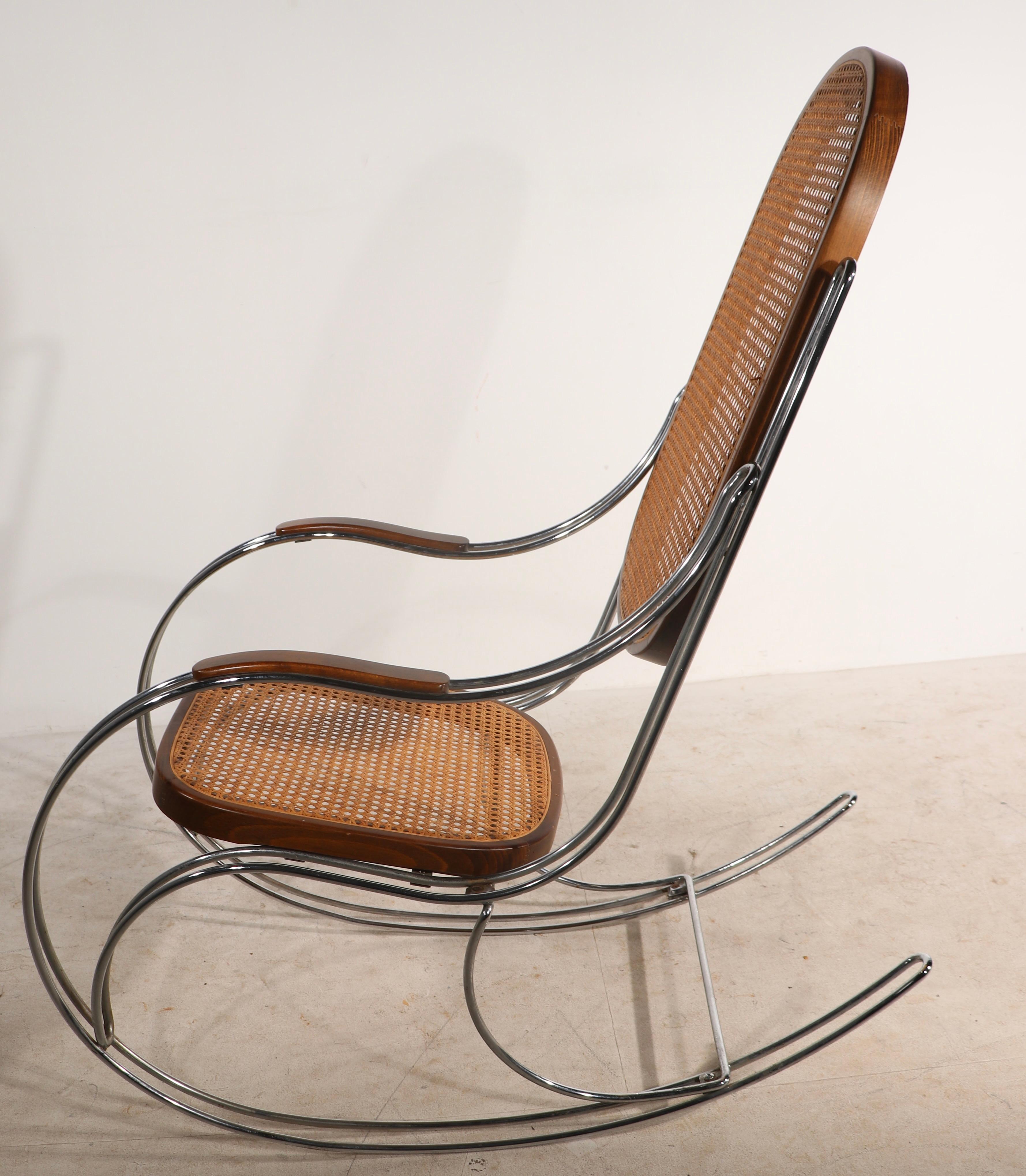 Post-Modern Modernist Chrome and Caned Rocking Chair For Sale