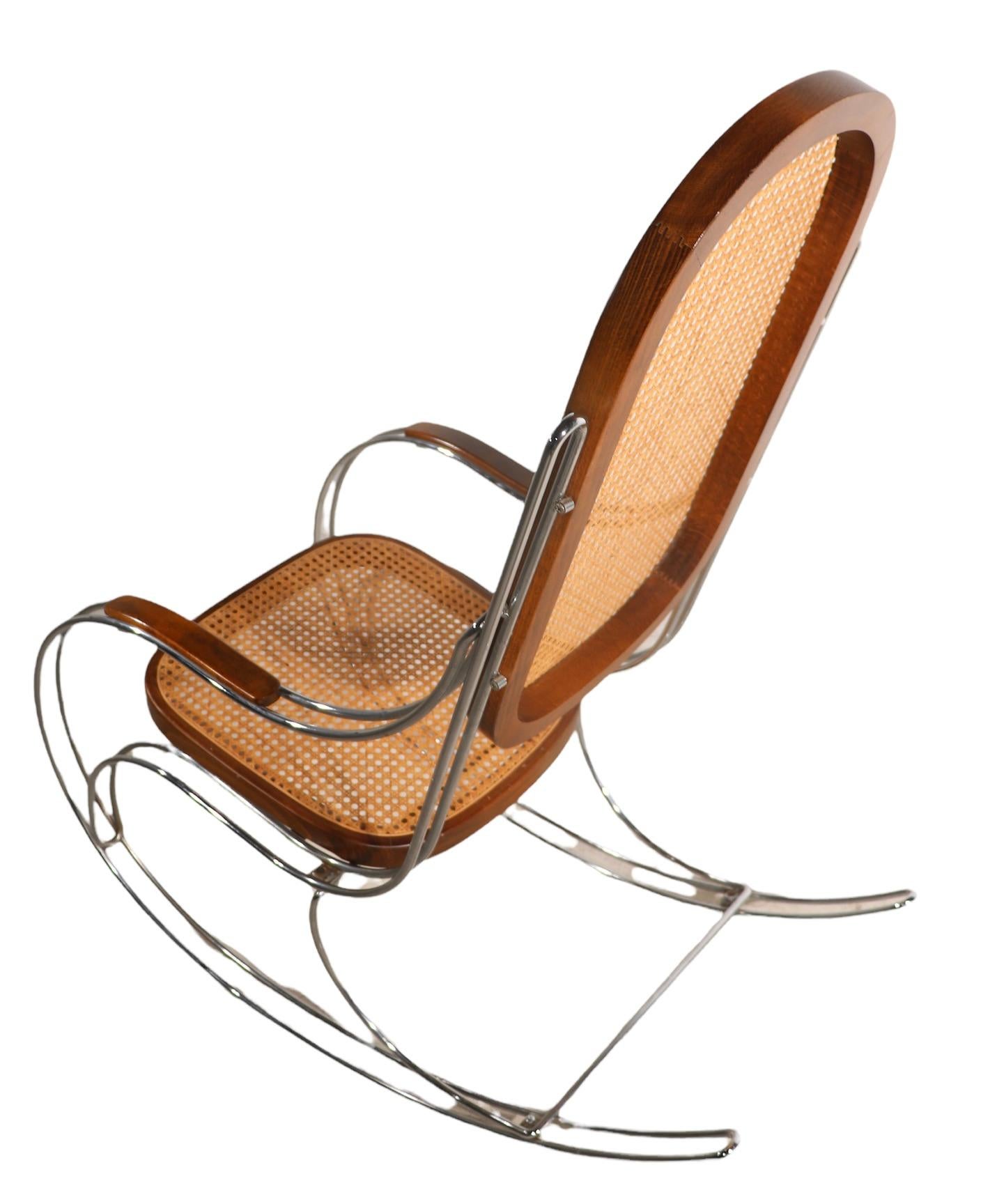 Italian Modernist Chrome and Caned Rocking Chair For Sale