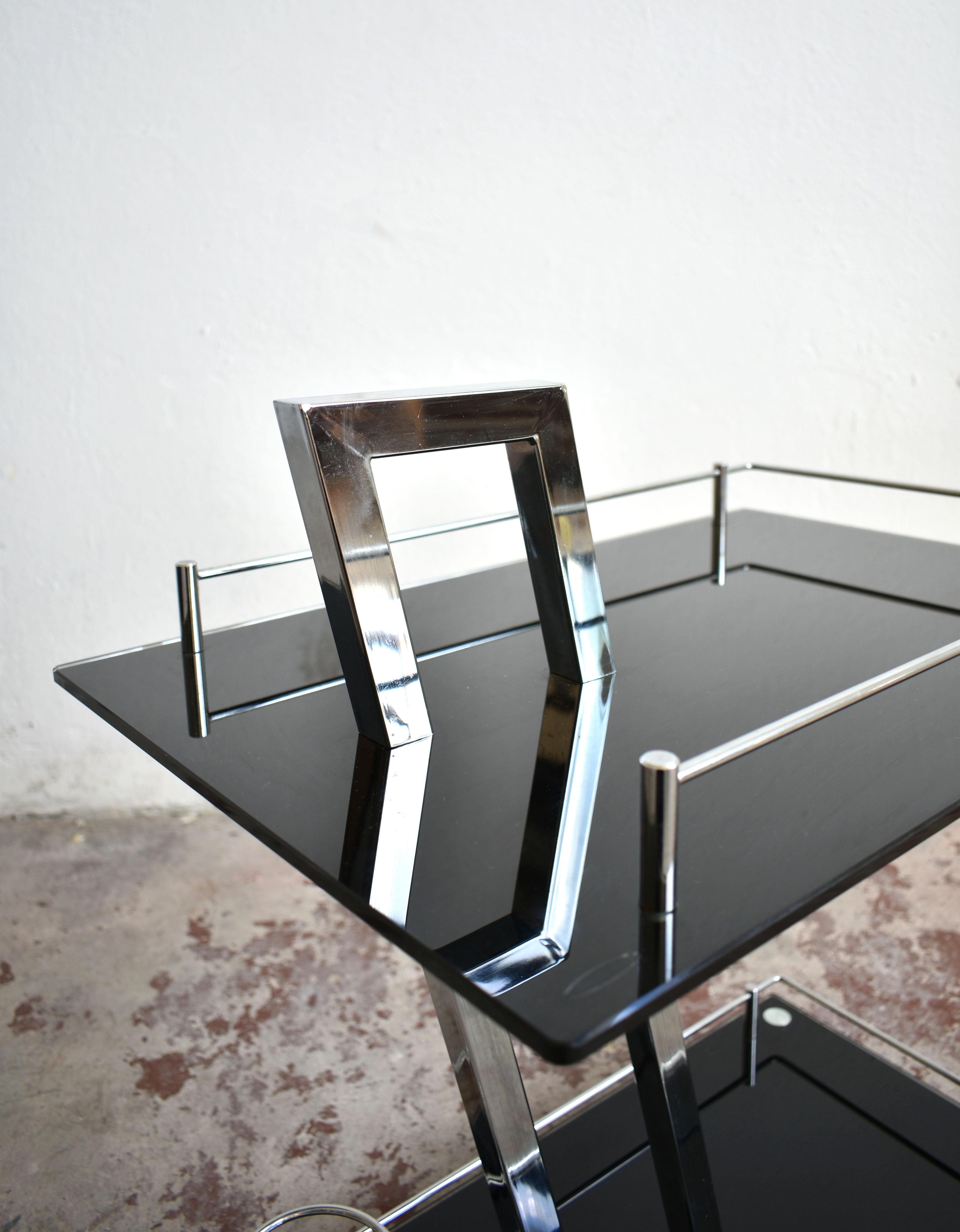 Tempered Modernist Chrome and Glass Bar Cart Trolley Attributed to Willy Rizzo, 1970s