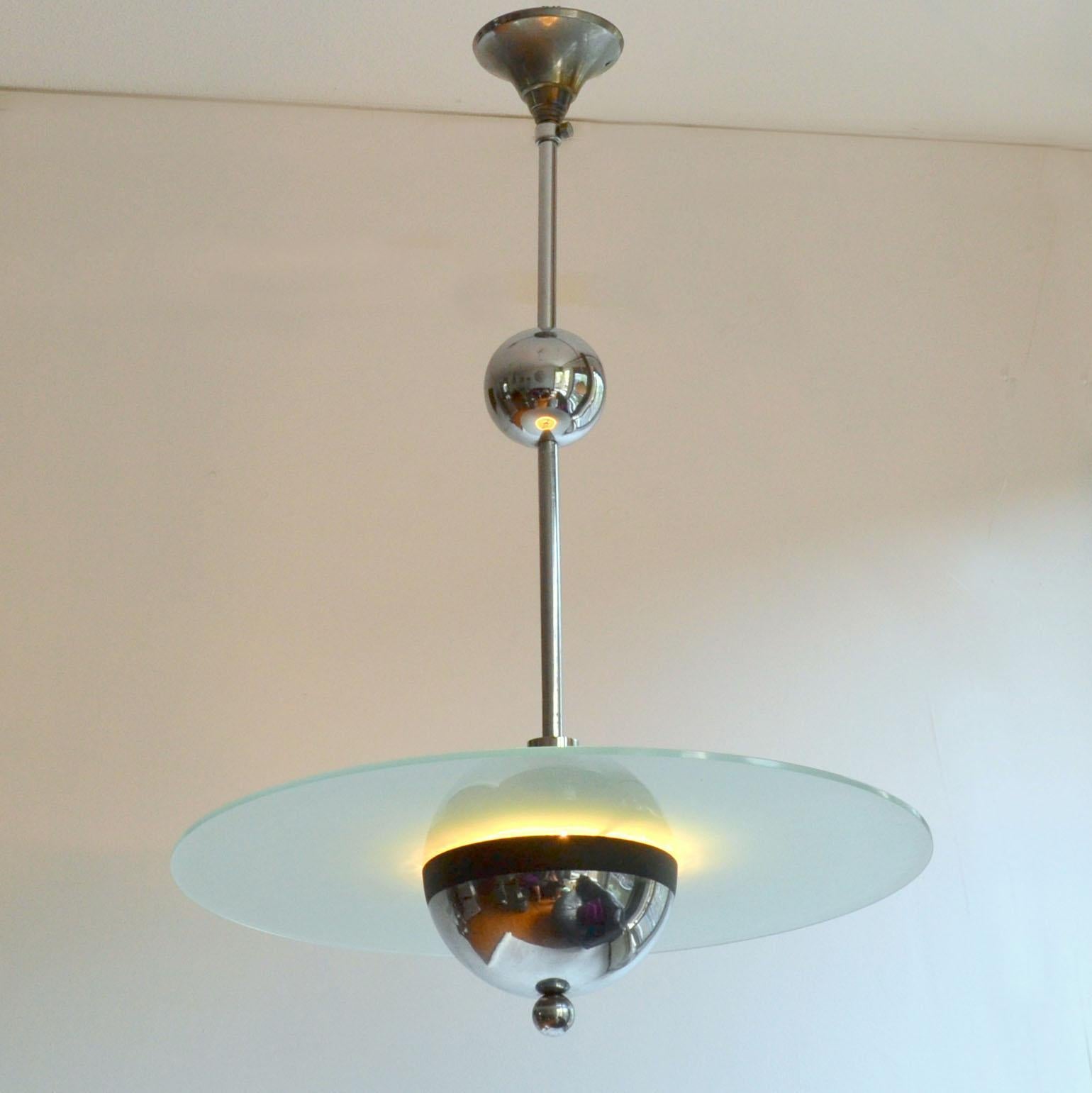 French Modernist Chrome and Glass Pendant in the Style of Gispen 1930s For Sale