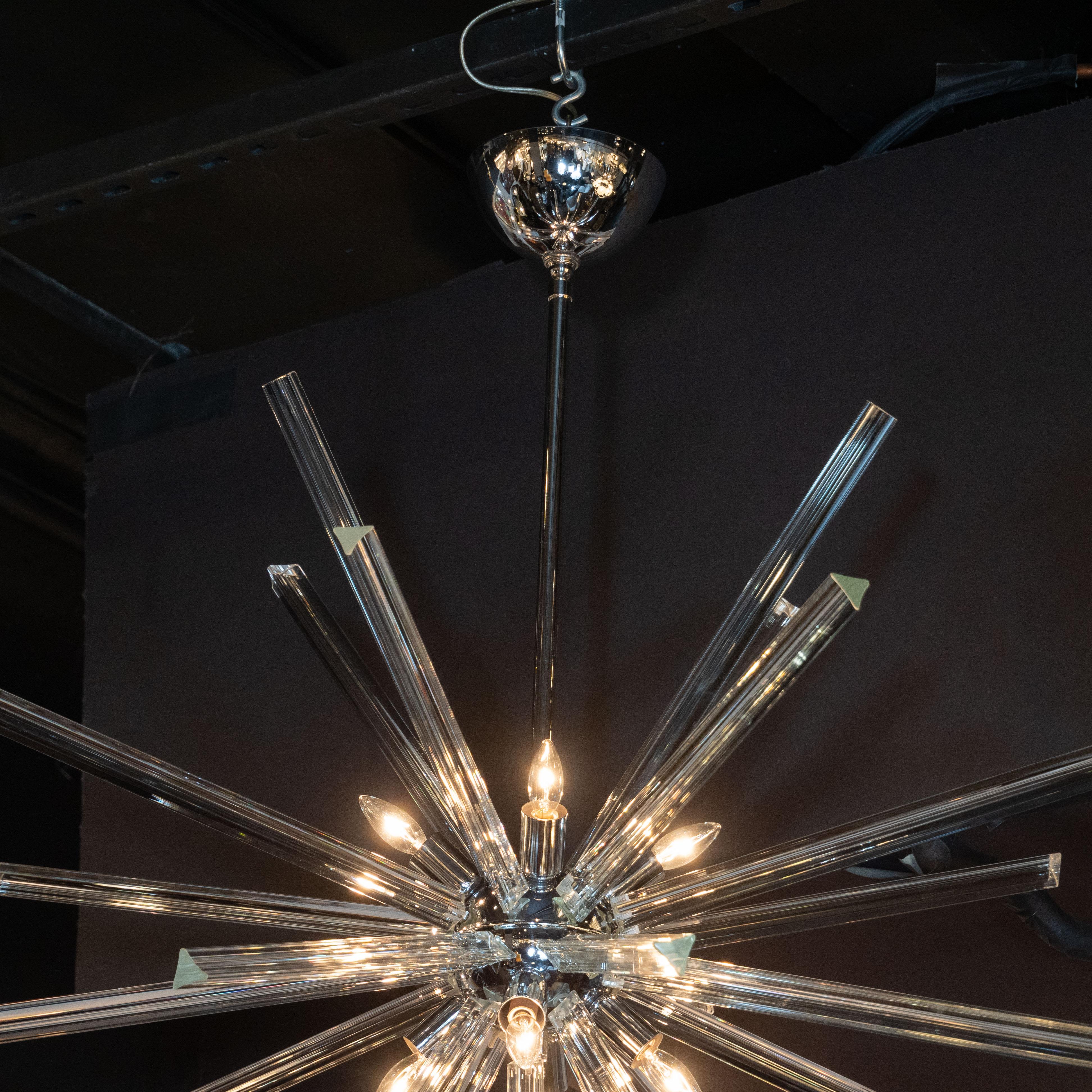 American Modernist Chrome and Hand Blown Murano Glass Triedre Sputnik Chandelier For Sale