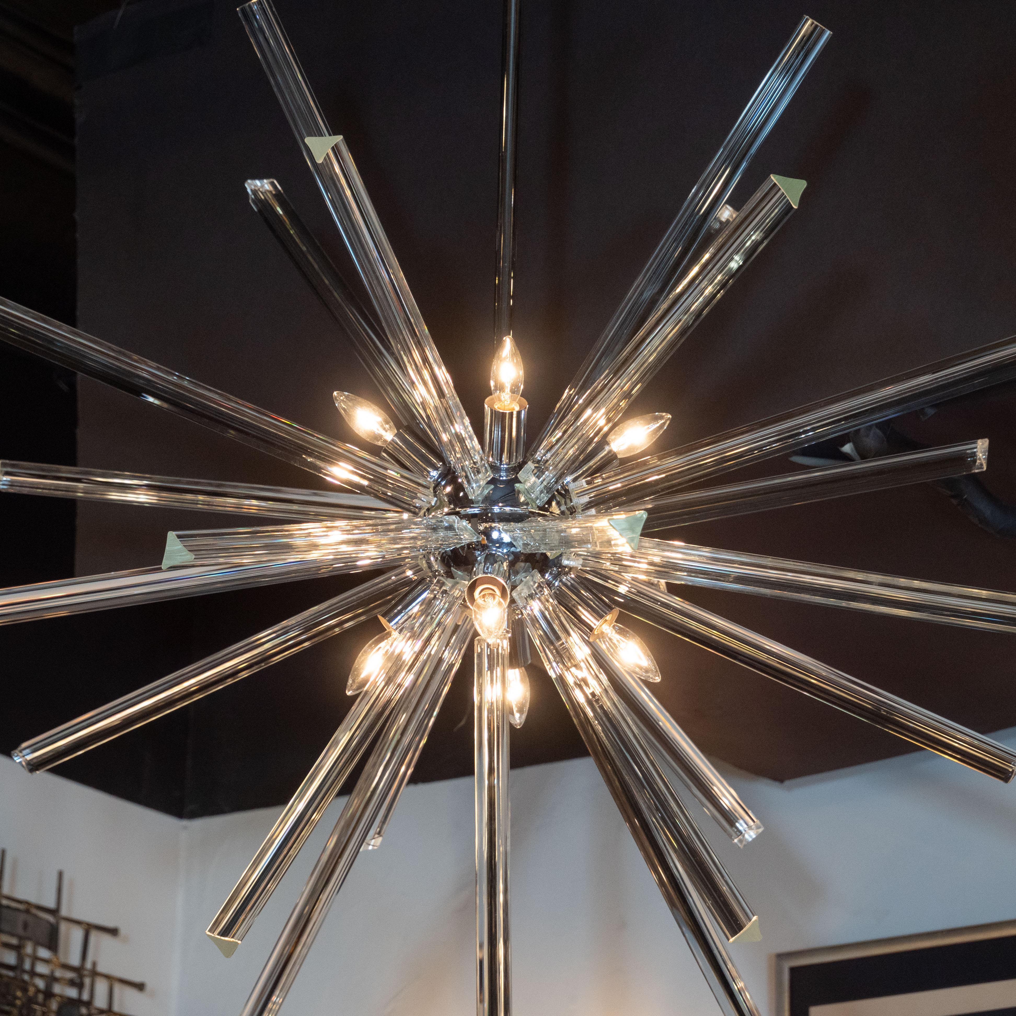 Modernist Chrome and Hand Blown Murano Glass Triedre Sputnik Chandelier In Excellent Condition For Sale In New York, NY