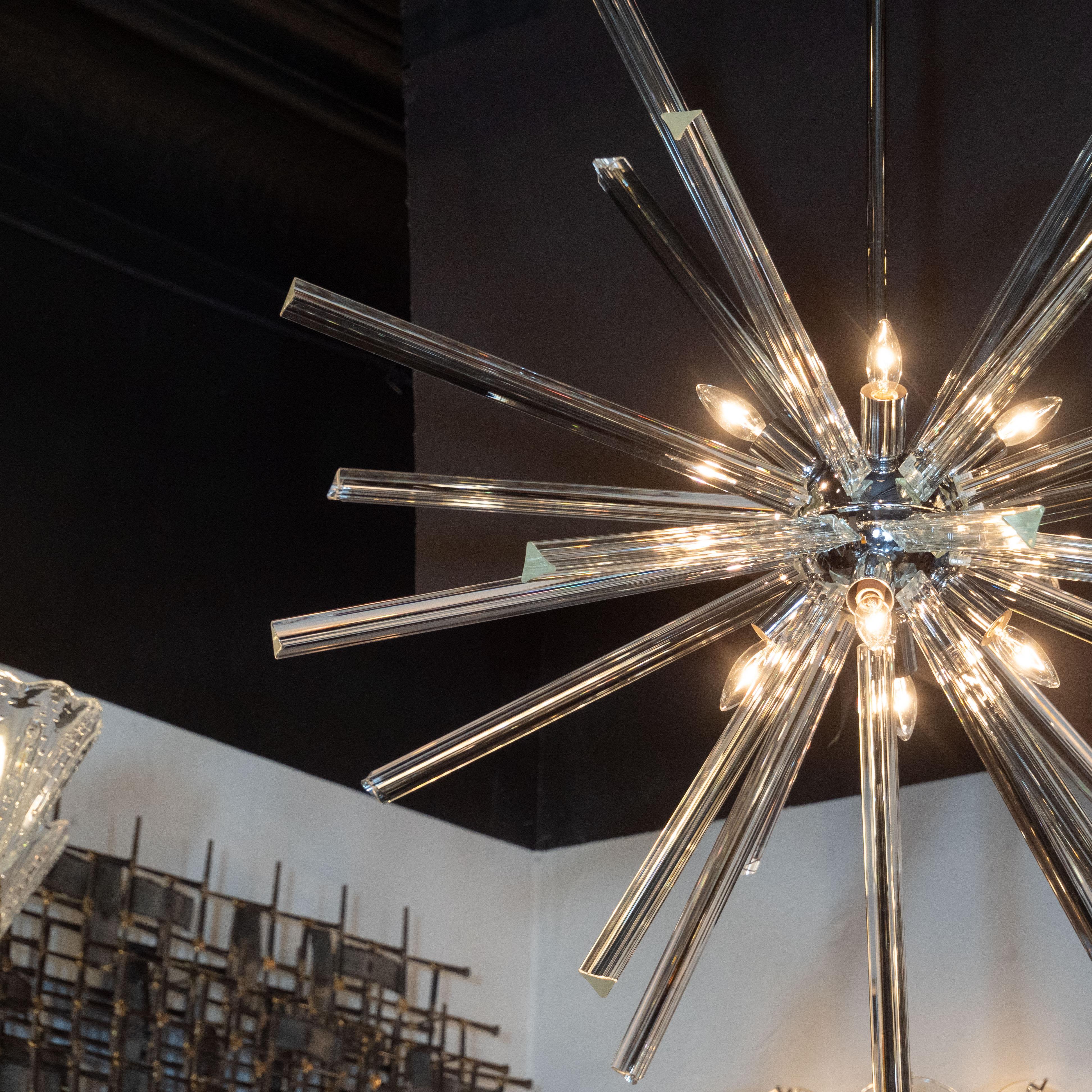 Contemporary Modernist Chrome and Hand Blown Murano Glass Triedre Sputnik Chandelier For Sale