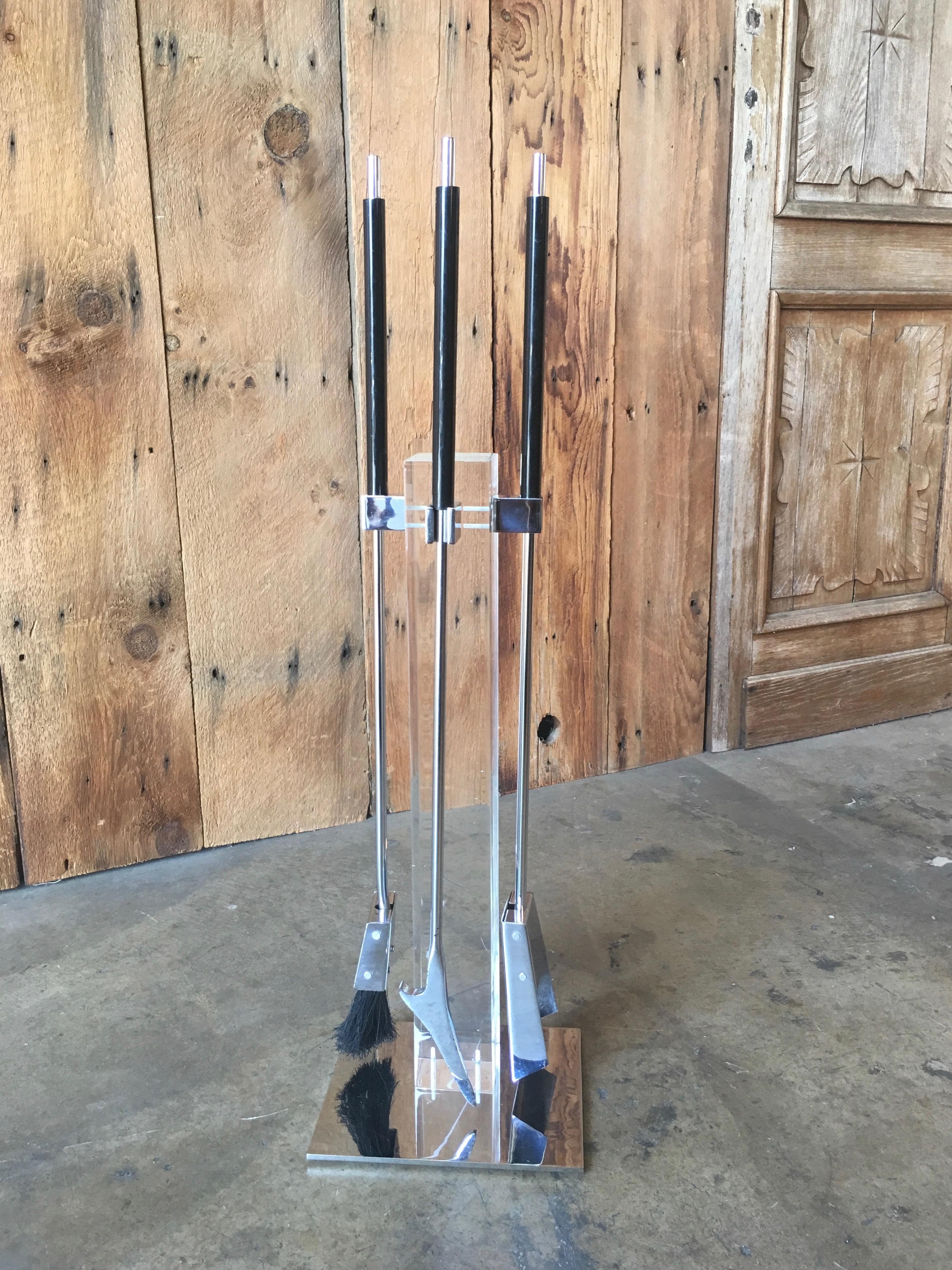 Modernist Chrome and Lucite Fireplace Tools Set 15