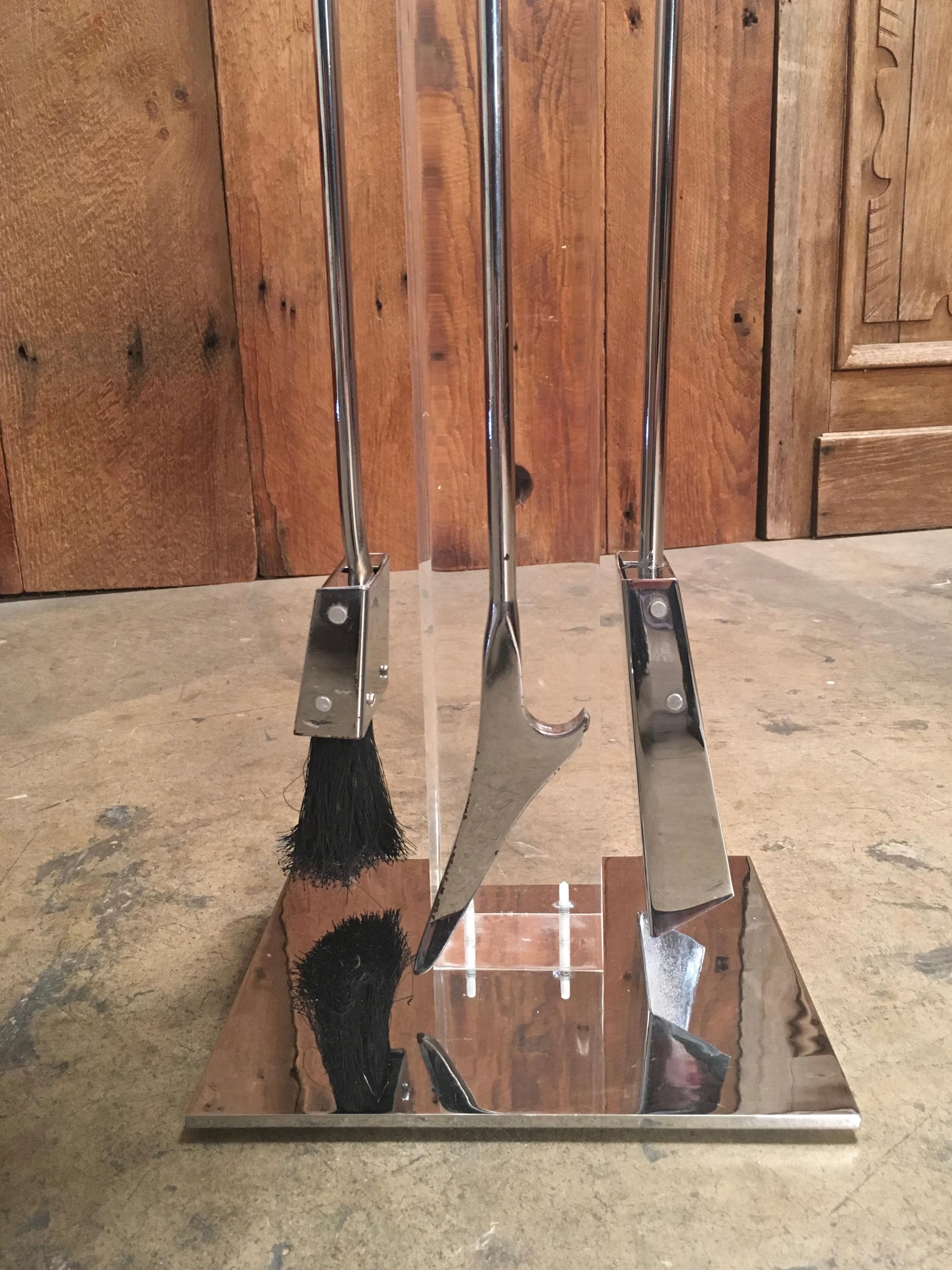 Mid-Century Modern Modernist Chrome and Lucite Fireplace Tools Set