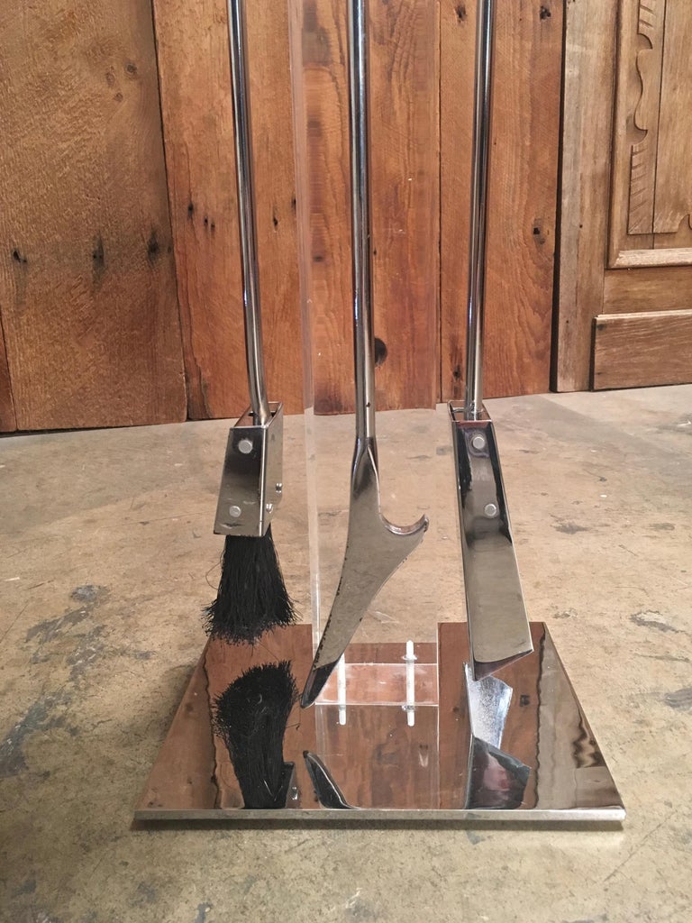 Modernist Chrome and Lucite Fireplace Tools Set For Sale at 1stDibs