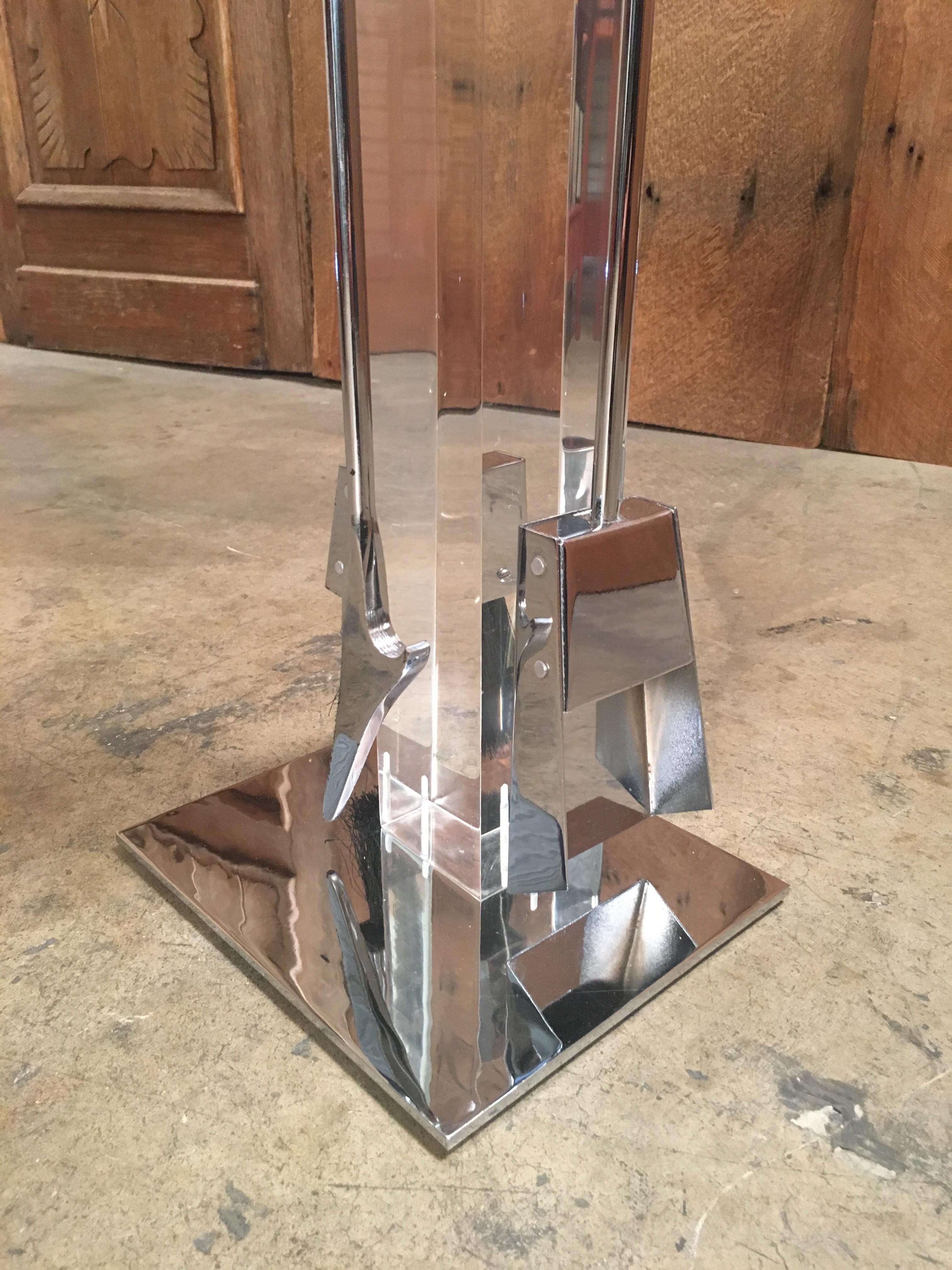 Modernist Chrome and Lucite Fireplace Tools Set 3