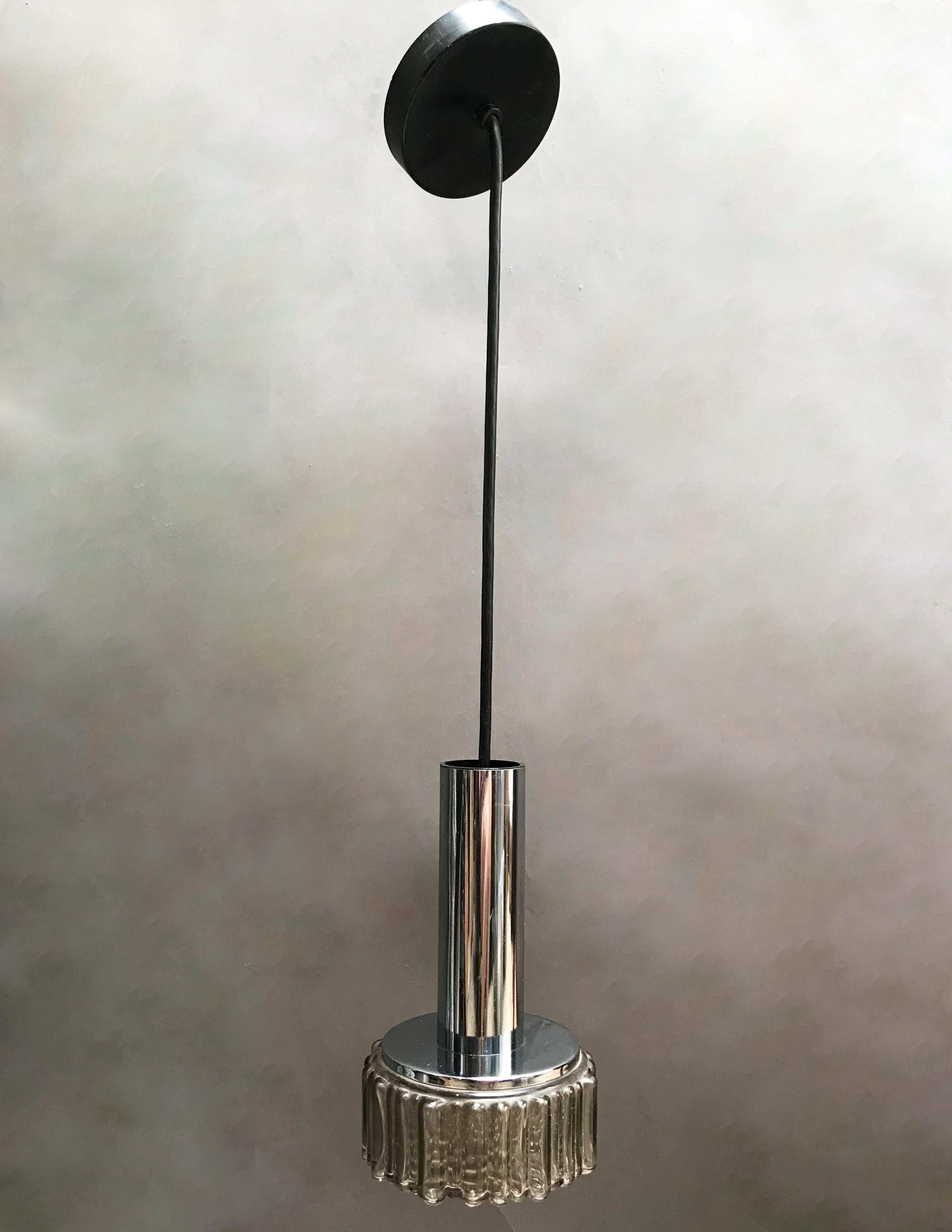 Mid-Century Modern Modernist Chrome and Smoked Glass Pendant Light