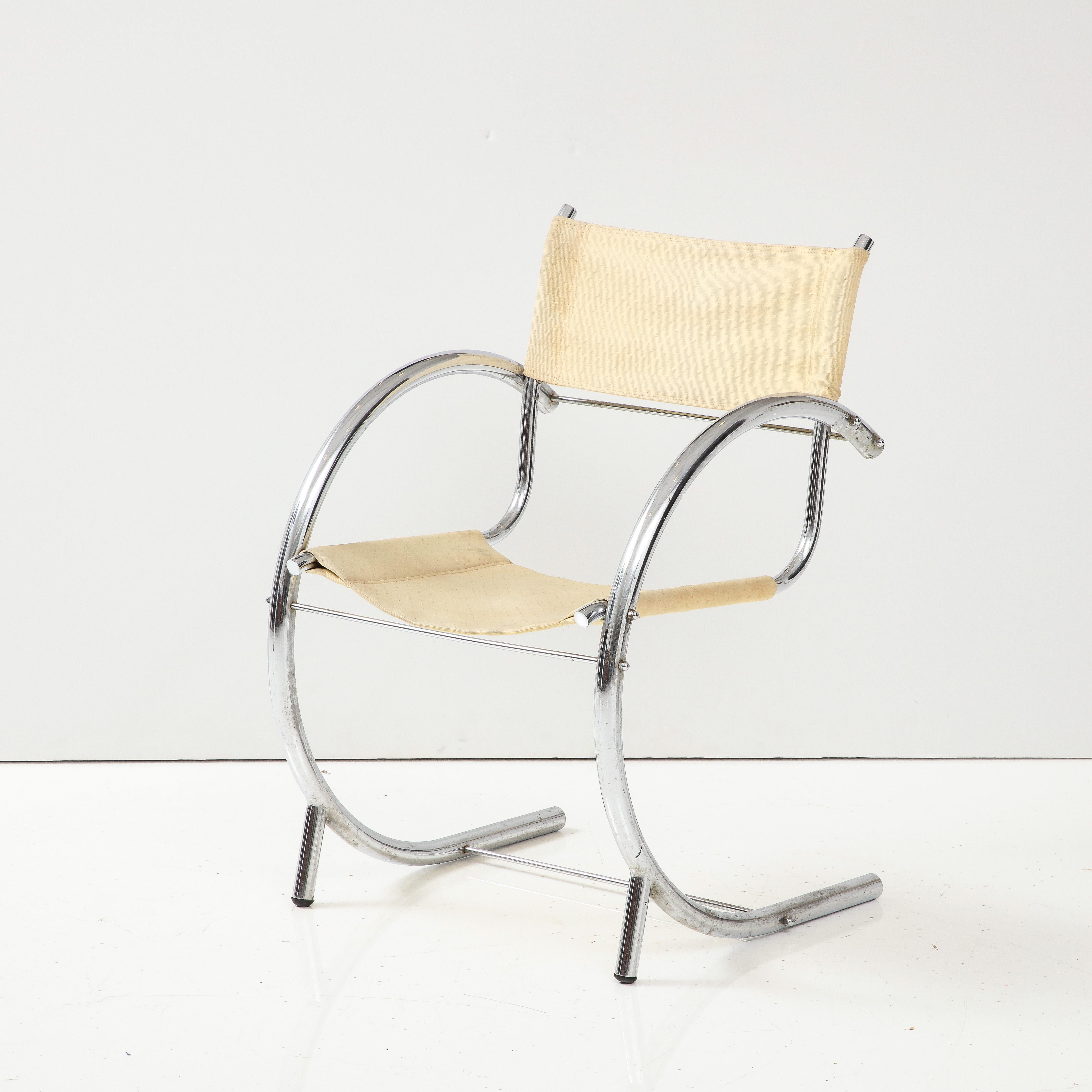Art Deco Modernist Chrome & Canvas Seat Side Chair, Franc. C. 1930