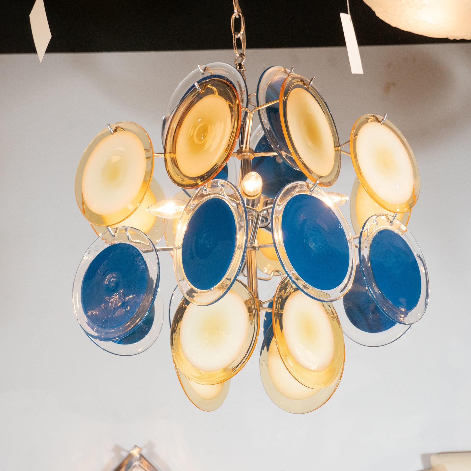 Italian Modernist Chrome Chandelier in Handblown Murano Cerulean & Yellow Vistosi Discs For Sale