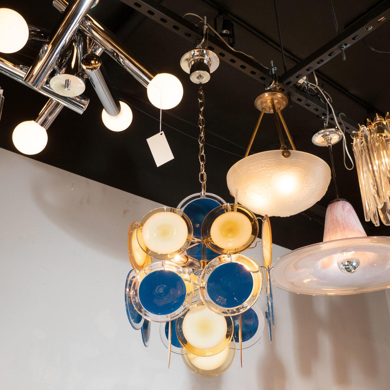 Modernist Chrome Chandelier in Handblown Murano Cerulean & Yellow Vistosi Discs In Excellent Condition For Sale In New York, NY