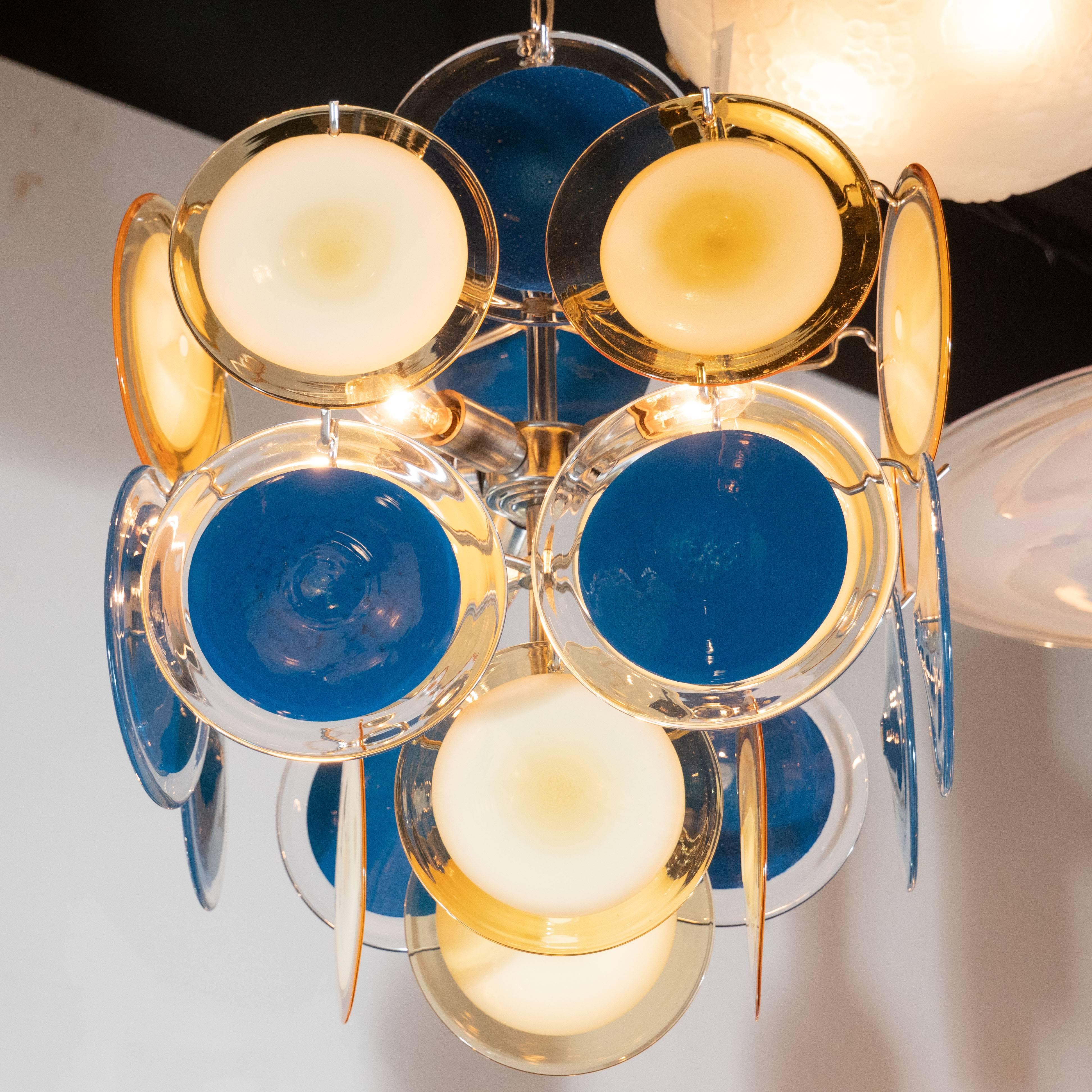 Modernist Chrome Chandelier in Handblown Murano Cerulean & Yellow Vistosi Discs In Excellent Condition In New York, NY