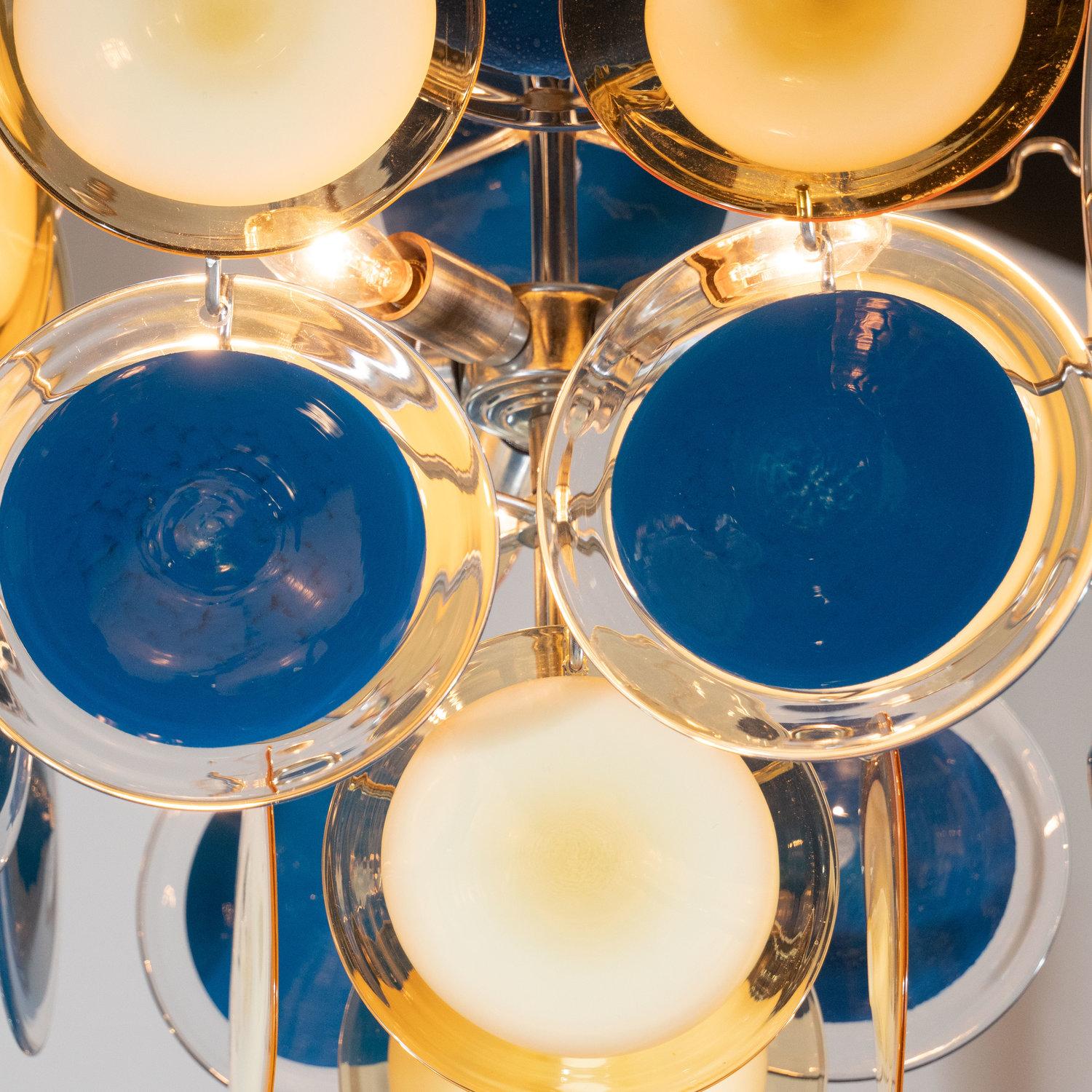 Murano Glass Modernist Chrome Chandelier in Handblown Murano Cerulean & Yellow Vistosi Discs For Sale