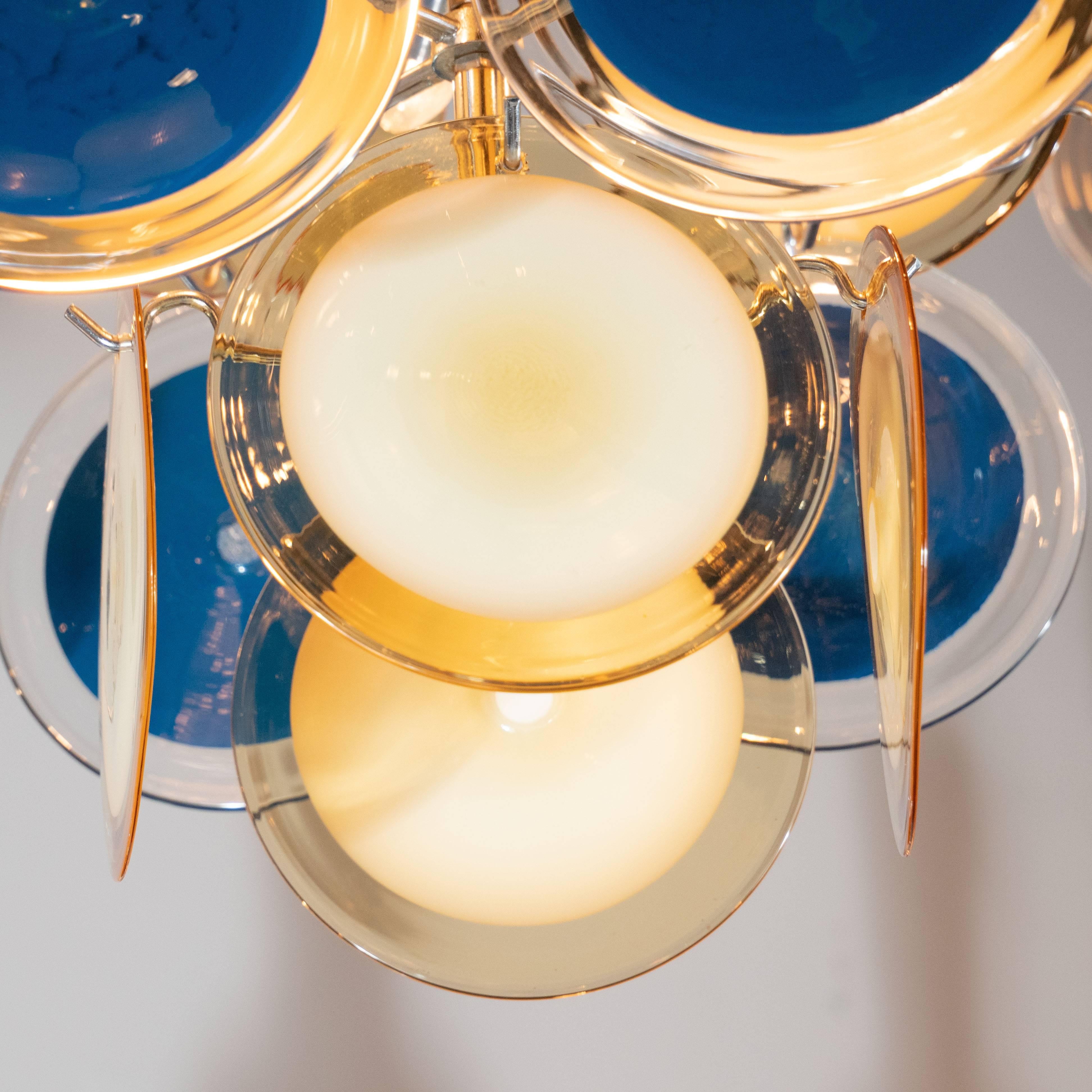 Modernist Chrome Chandelier in Handblown Murano Cerulean & Yellow Vistosi Discs 1