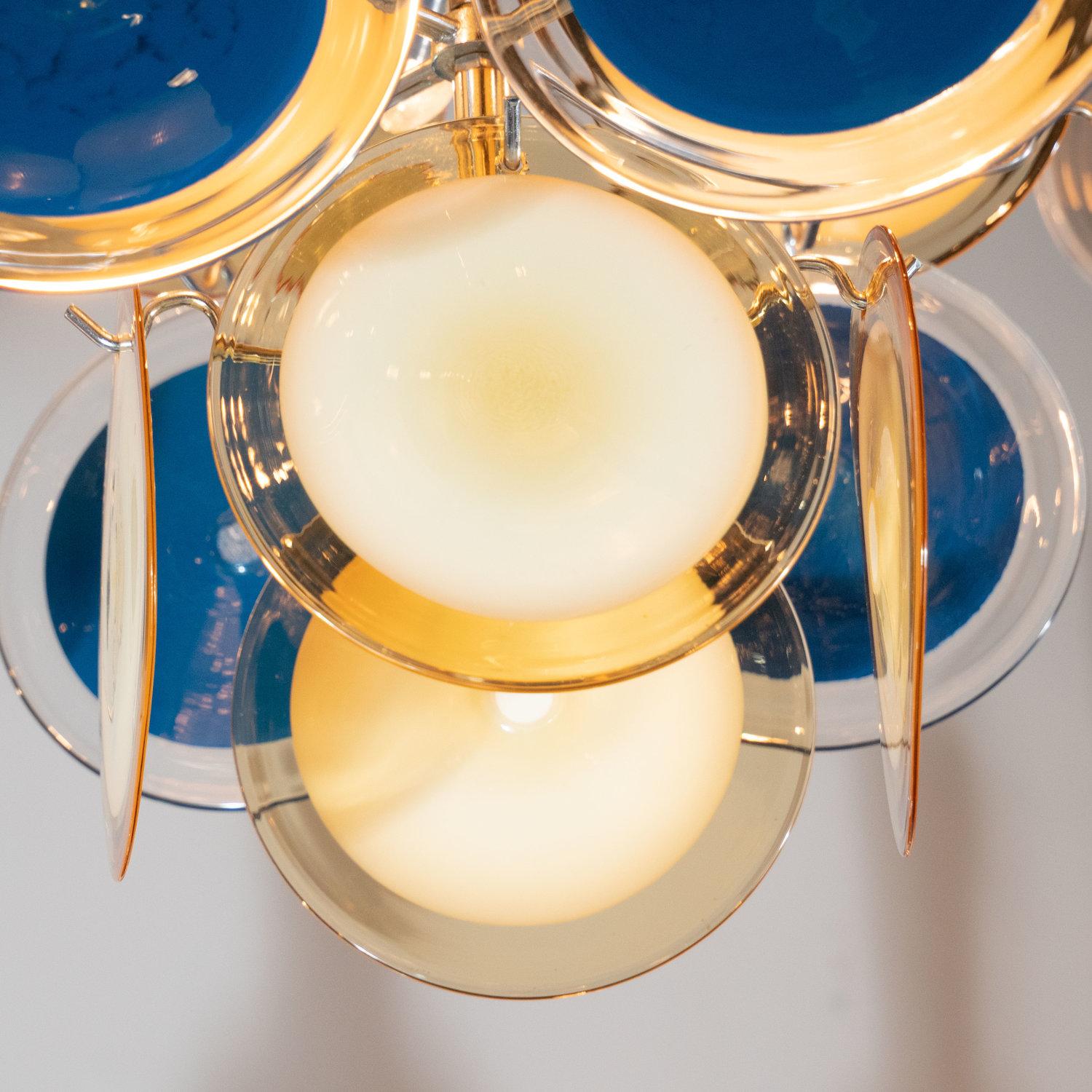 Modernistischer Chrom-Kronleuchter aus mundgeblasenem Murano-Cerulean und gelben Vistosi-Scheiben (Muranoglas) im Angebot