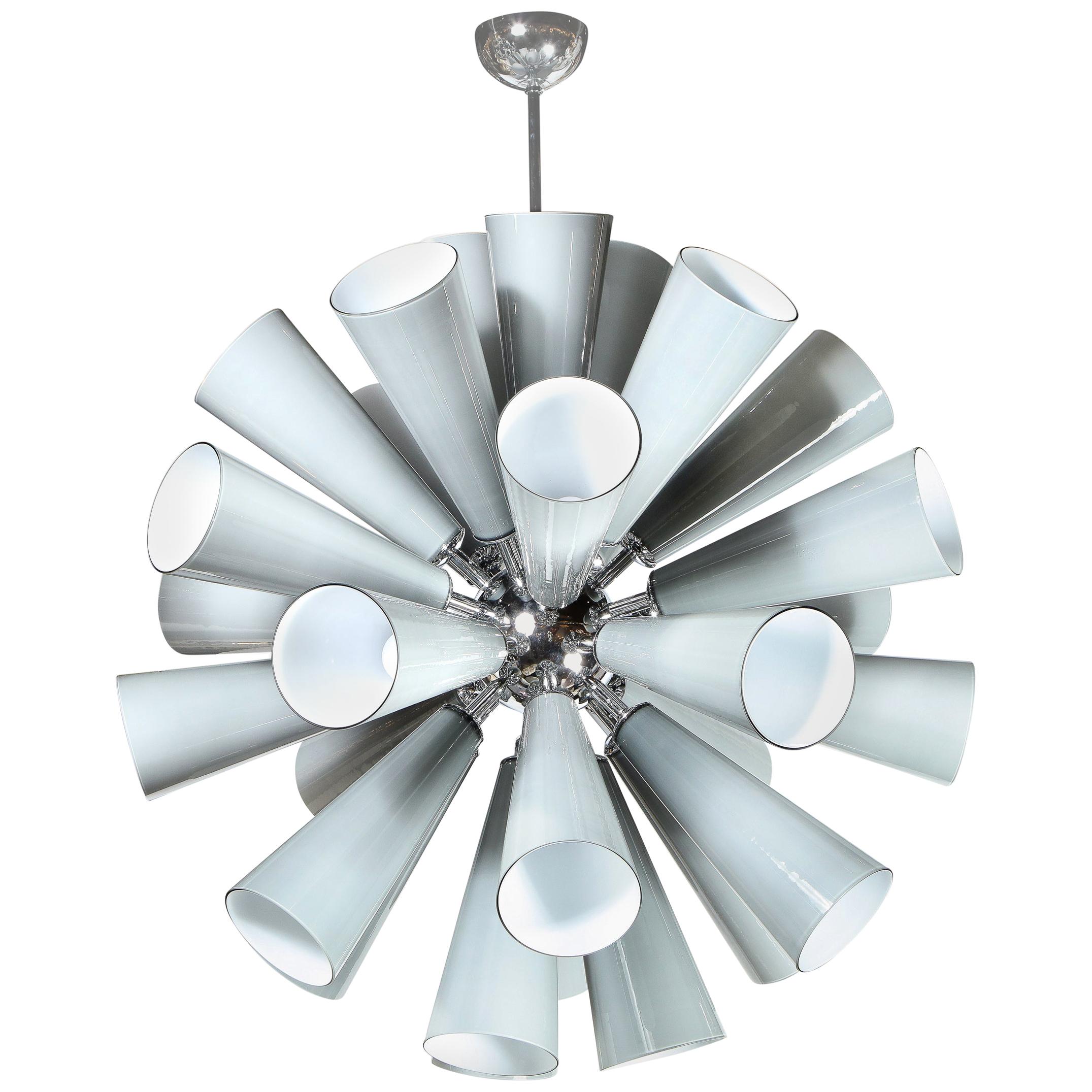 Modernist Chrome Chandelier with Murano Gray Conical Shades by High Style Deco For Sale