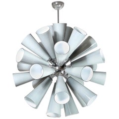Modernist Chrome Chandelier with Murano Gray Conical Shades by High Style Deco