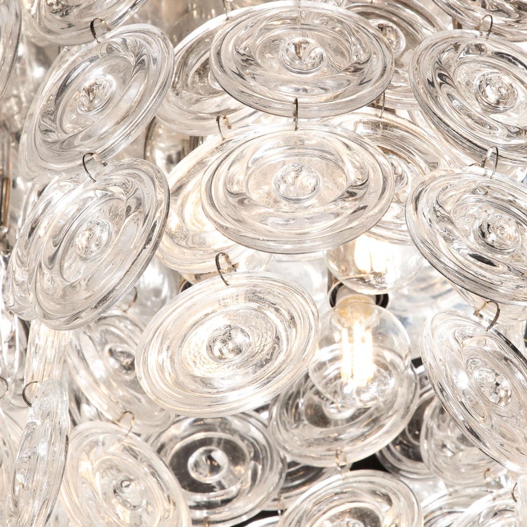Italian Modernist Chrome & Circular Cascading Murano Drop Glass Flush Mount  For Sale