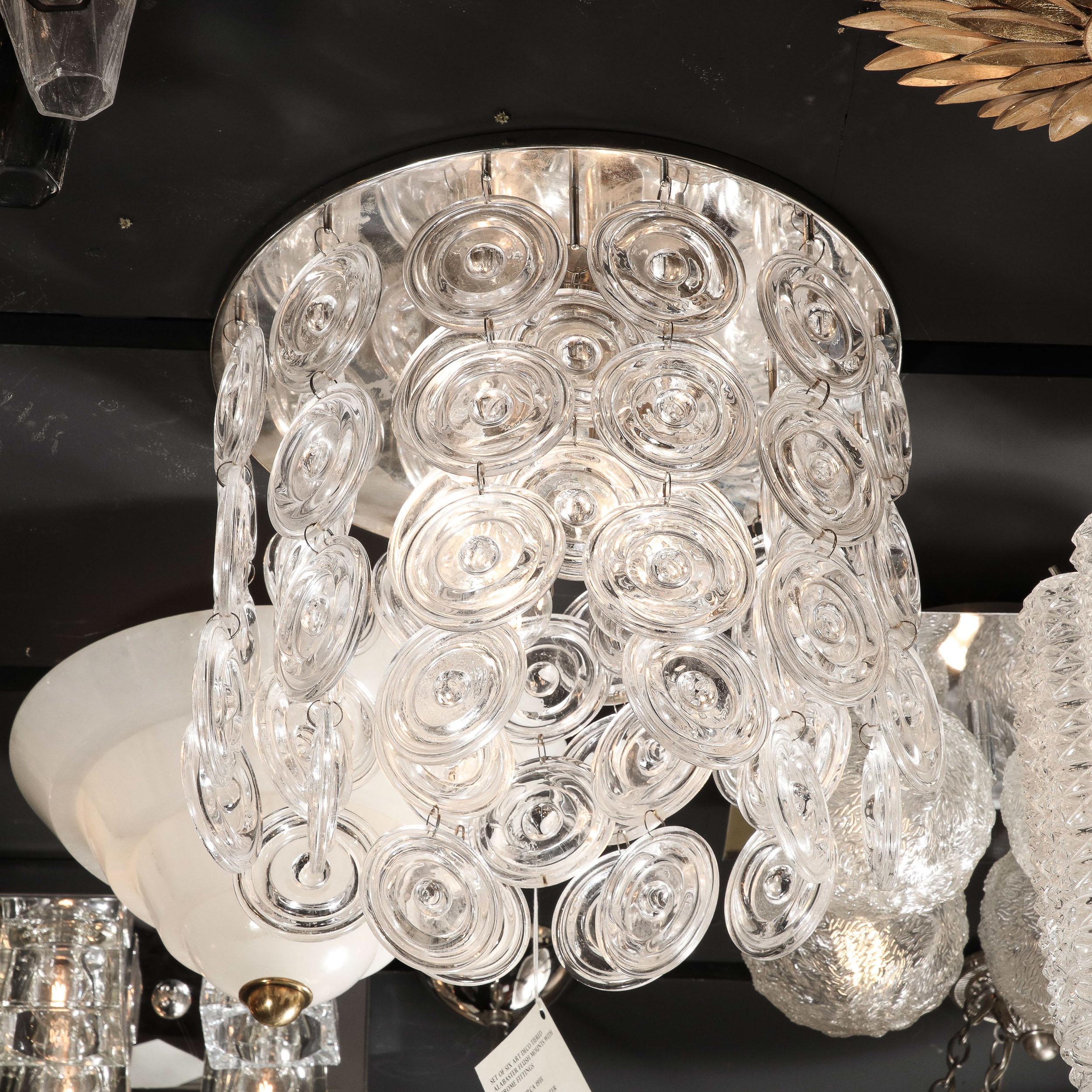 Modernist Chrome & Circular Cascading Murano Drop Glass Flush Mount  In Excellent Condition In New York, NY