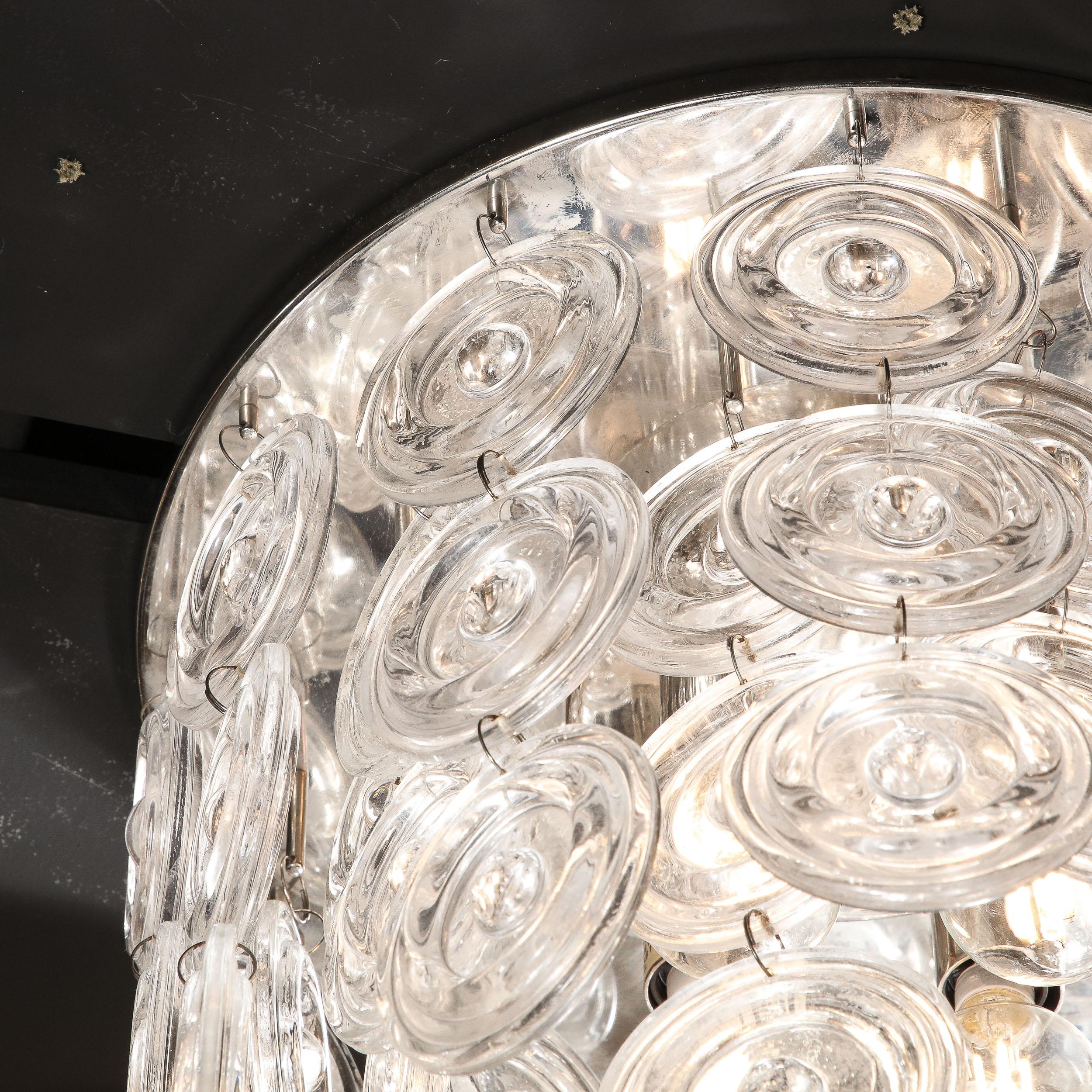 20th Century Modernist Chrome & Circular Cascading Murano Drop Glass Flush Mount 