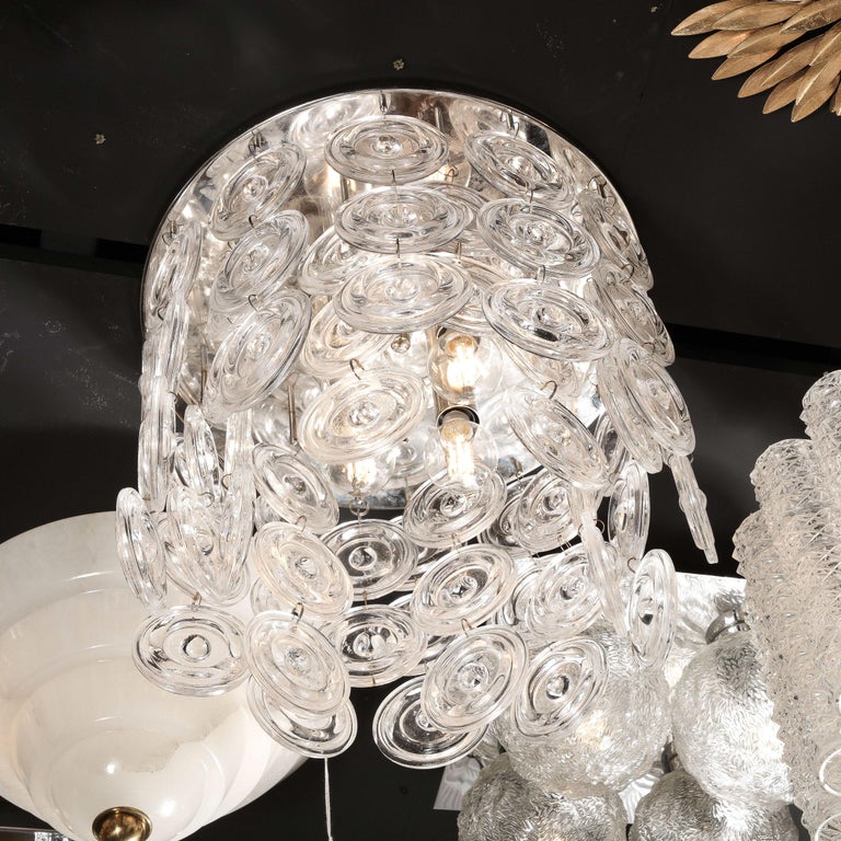 Murano Glass Modernist Chrome & Circular Cascading Murano Drop Glass Flush Mount  For Sale