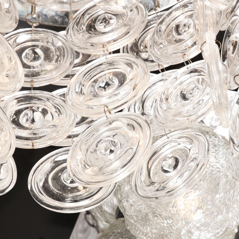 Modernist Chrome & Circular Cascading Murano Drop Glass Flush Mount  For Sale 1