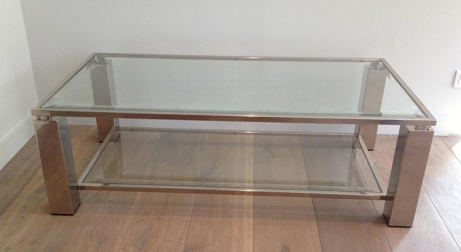 Beveled Modernist Chrome Coffee Table, French, Circa 1970 For Sale
