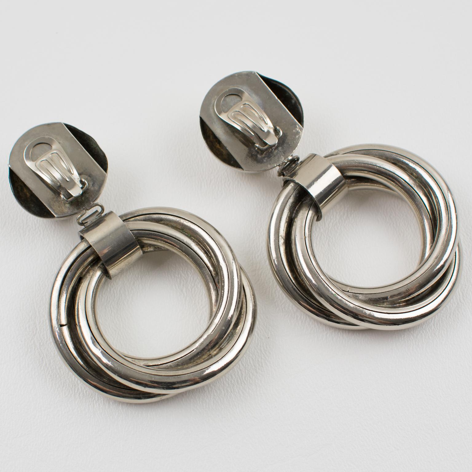 Women's or Men's Modernist Chrome Metal Geometric Dangle Clip Earrings
