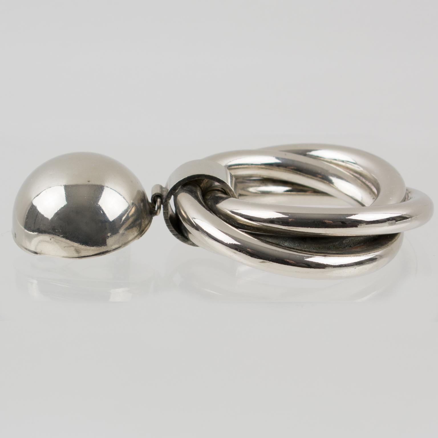 Modernist Chrome Metal Geometric Dangle Clip Earrings 2