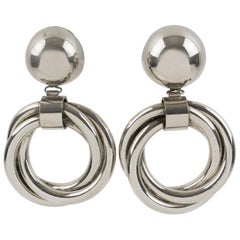 Modernist Chrome Metal Geometric Dangle Clip Earrings