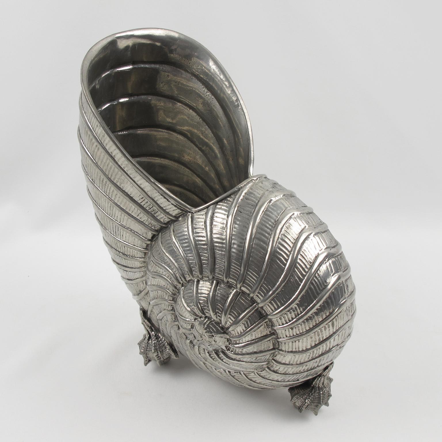 French Modernist Chrome Nautilus Sea Shell Wine Cooler Bottle Holder Vase