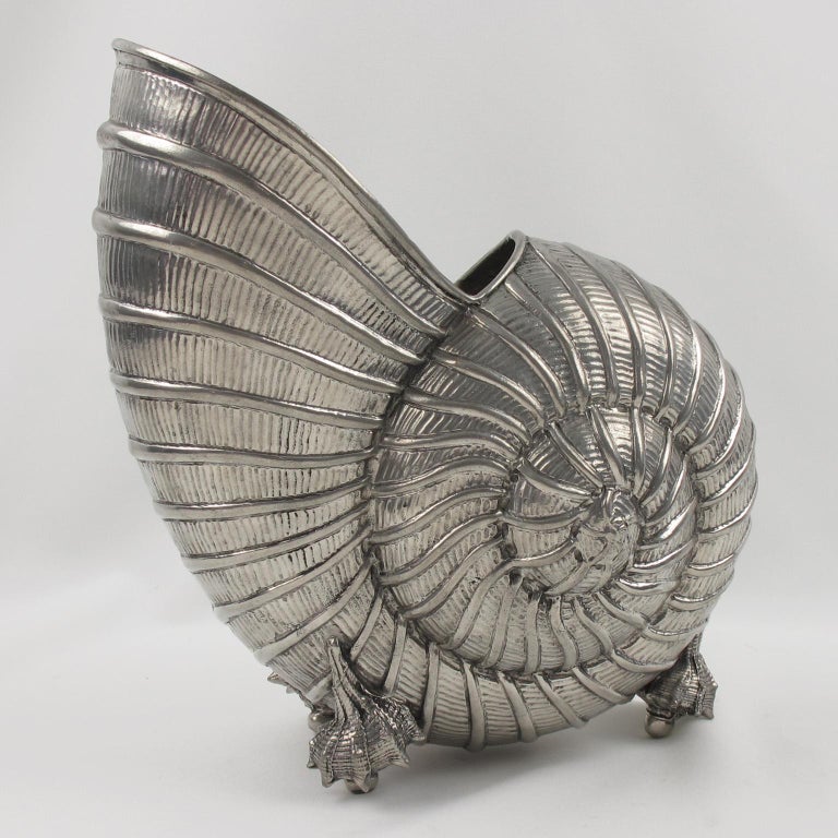 Modernist Chrome Nautilus Sea Shell Wine Cooler Bottle Holder Vase at