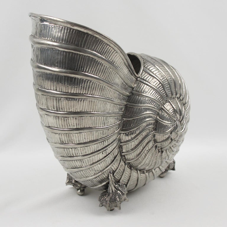 Modernist Chrome Nautilus Sea Shell Wine Cooler Bottle Holder Vase at
