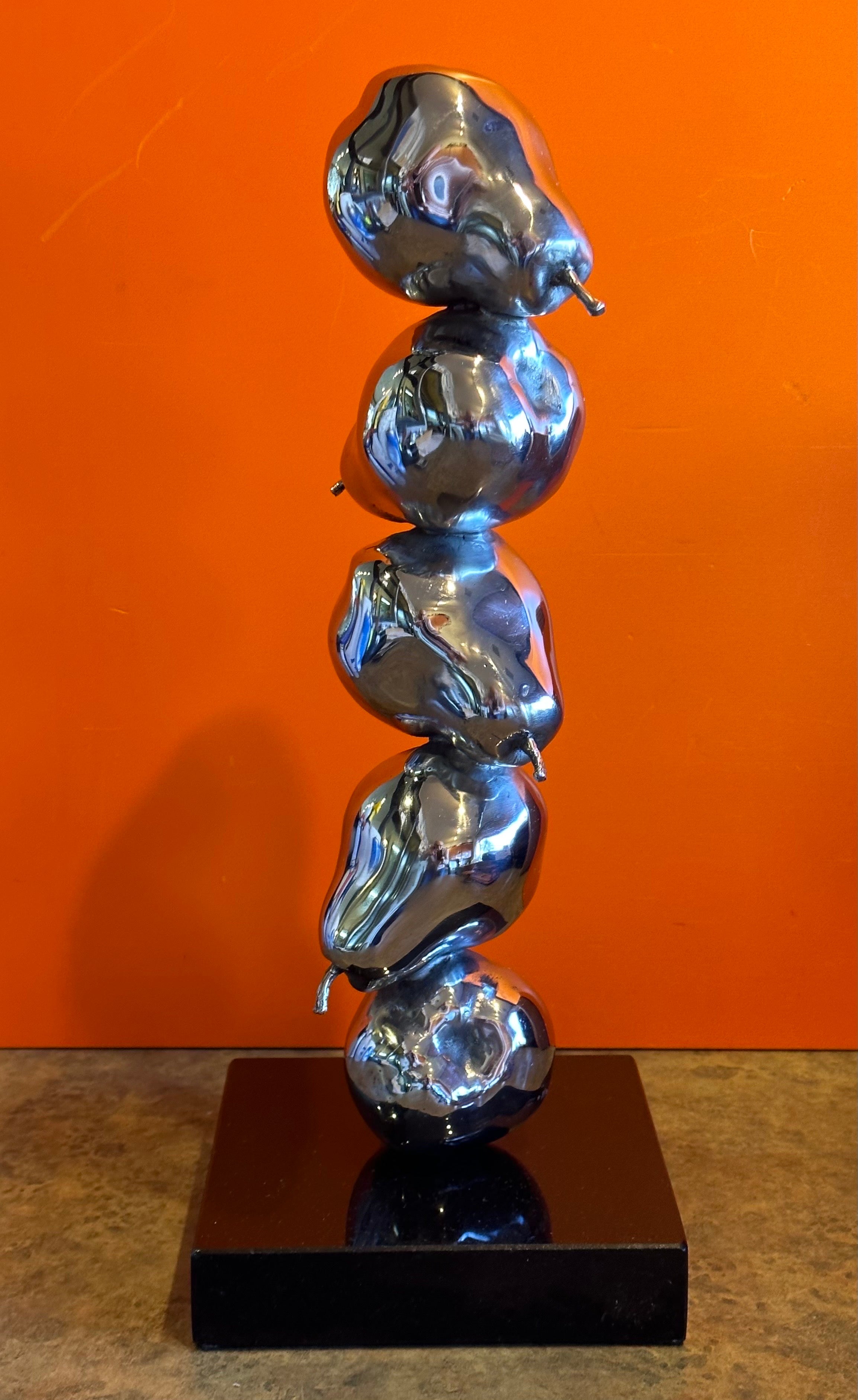 American Modernist Chrome on Black Marble Stacked Pears Sculpture For Sale
