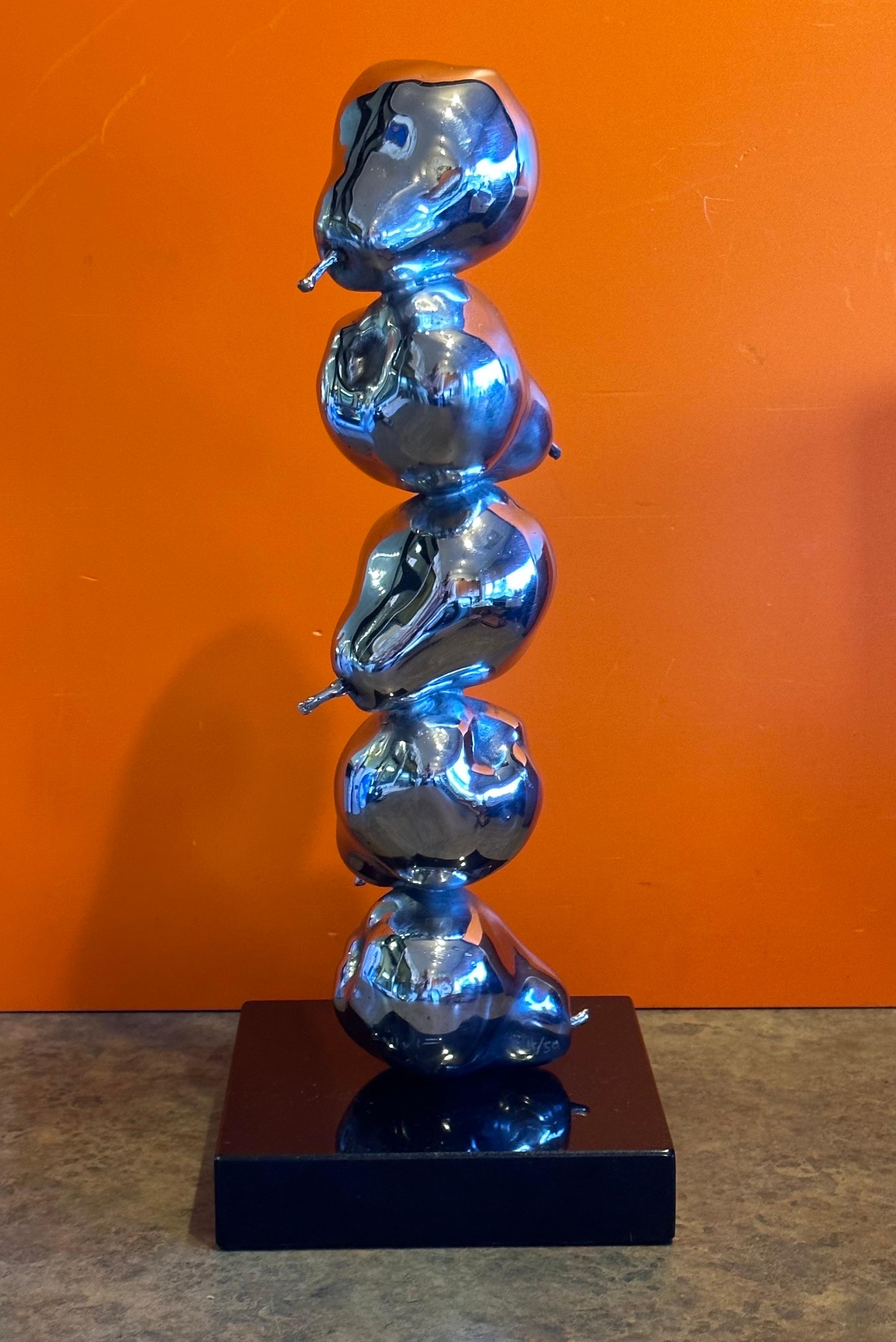Modernist Chrome on Black Marble Stacked Pears Sculpture For Sale 2